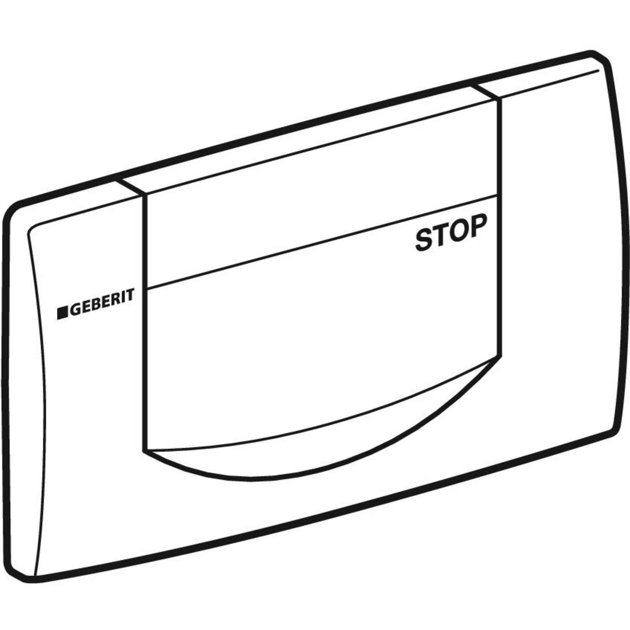 Weiße Geberit-Toilettenspülplatte mit großem Mitteltaste mit der Aufschrift „STOP