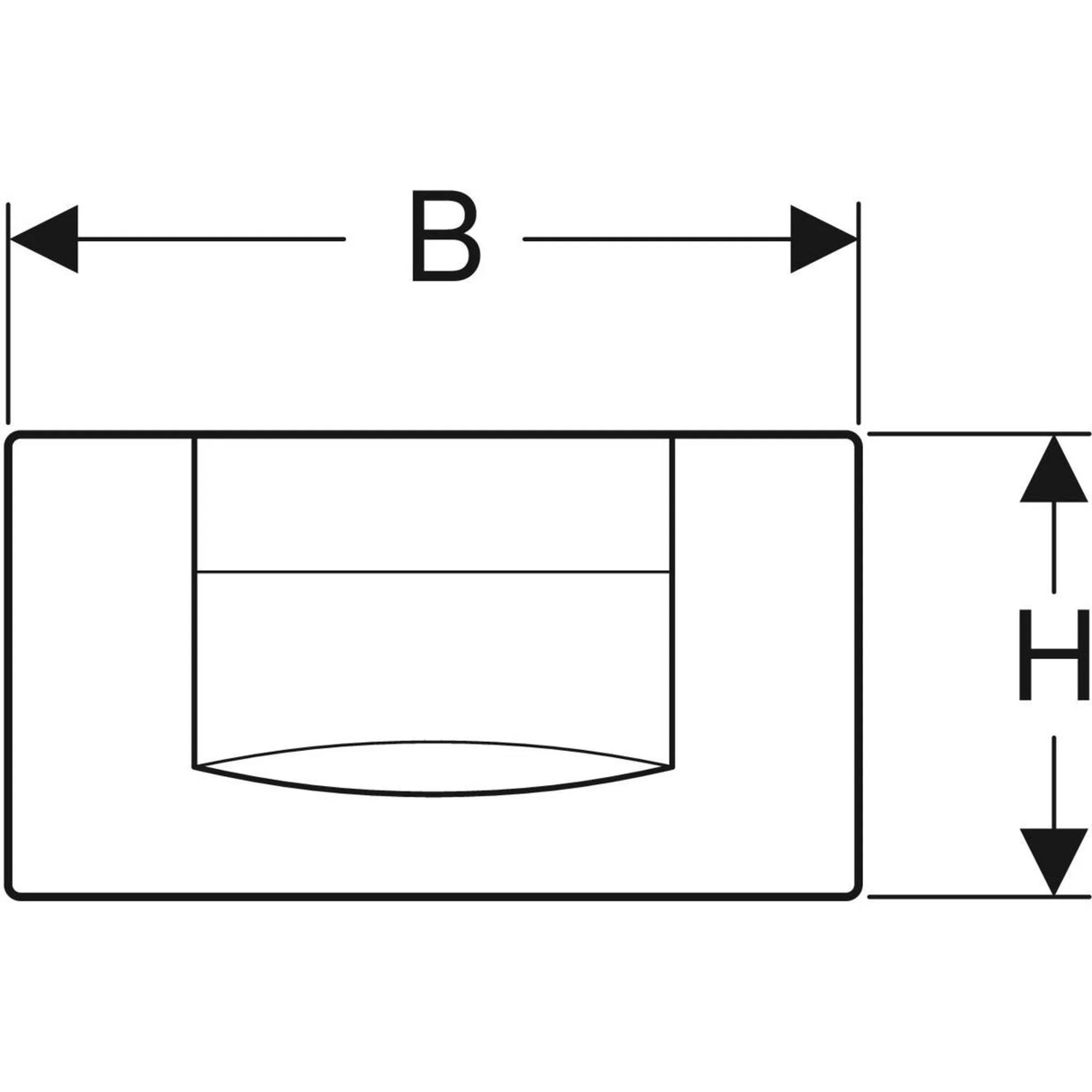 Technisches Diagramm eines rechteckigen Blocks mit einer zentrierten zylindrischen Aussparung; Bemessungspfeile beschriften die Breite „B