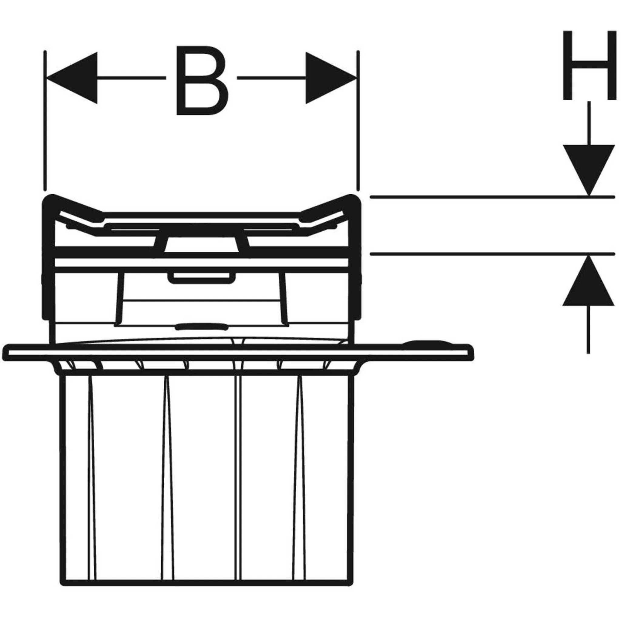 Technische Zeichnung eines rechteckigen Bauteils mit Maßangaben für Breite B und Höhe H mit Pfeilen.