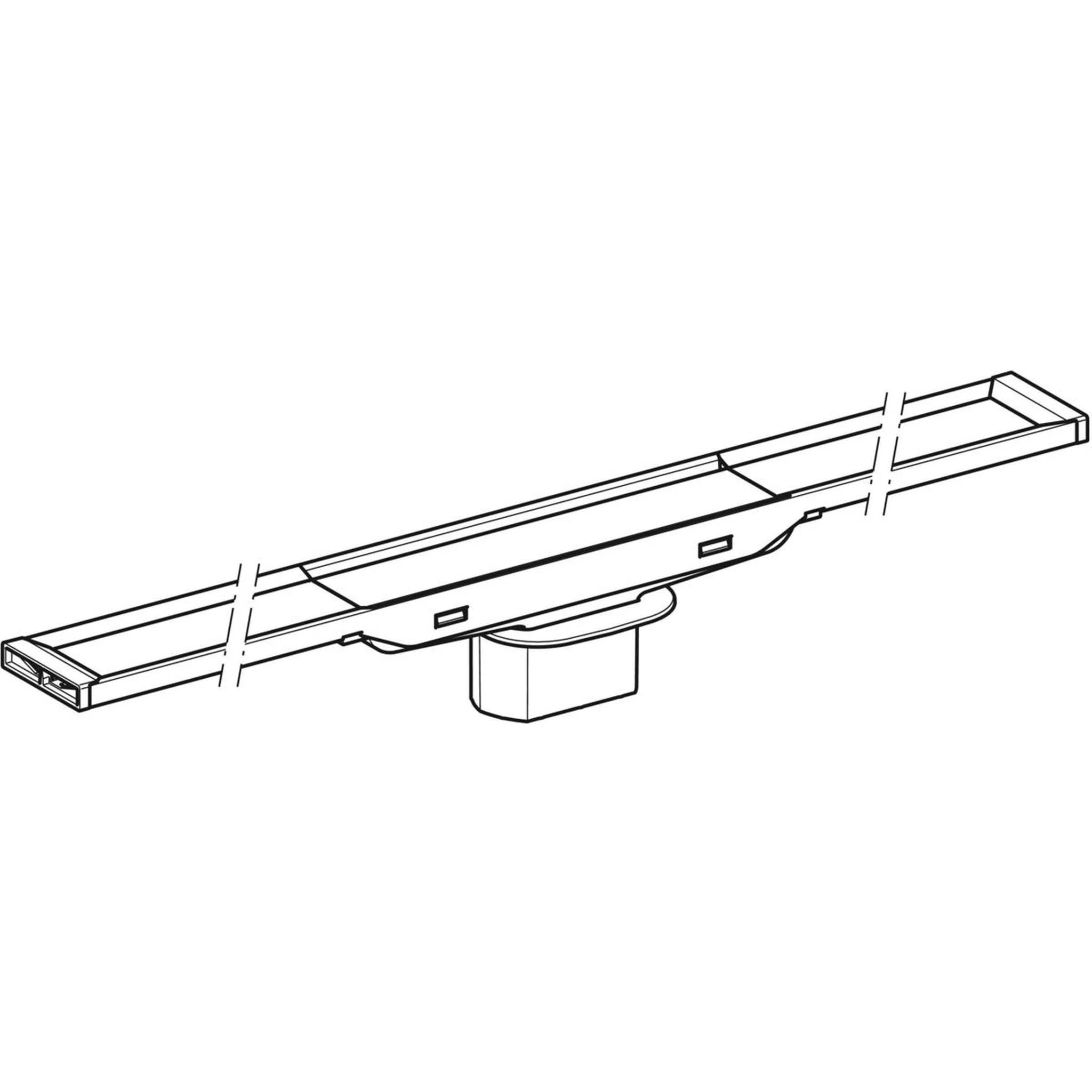 Linienzeichnung einer langen rechteckigen Leuchte, die horizontal auf einer zentralen Halterung montiert ist, in Perspektivendarstellung.