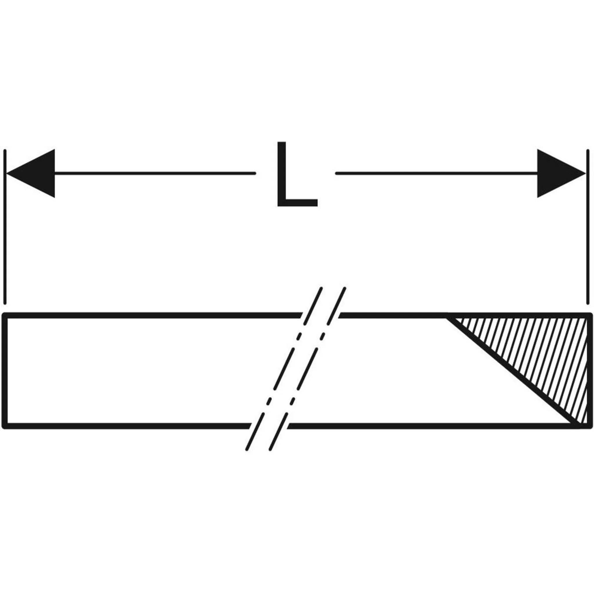 Technisches Diagramm eines Balkens mit der Längenbezeichnung 'L', dargestellt als langes Rechteck mit einem Bruch in der Mitte und schraffiertem dreieckigem Endbereich.