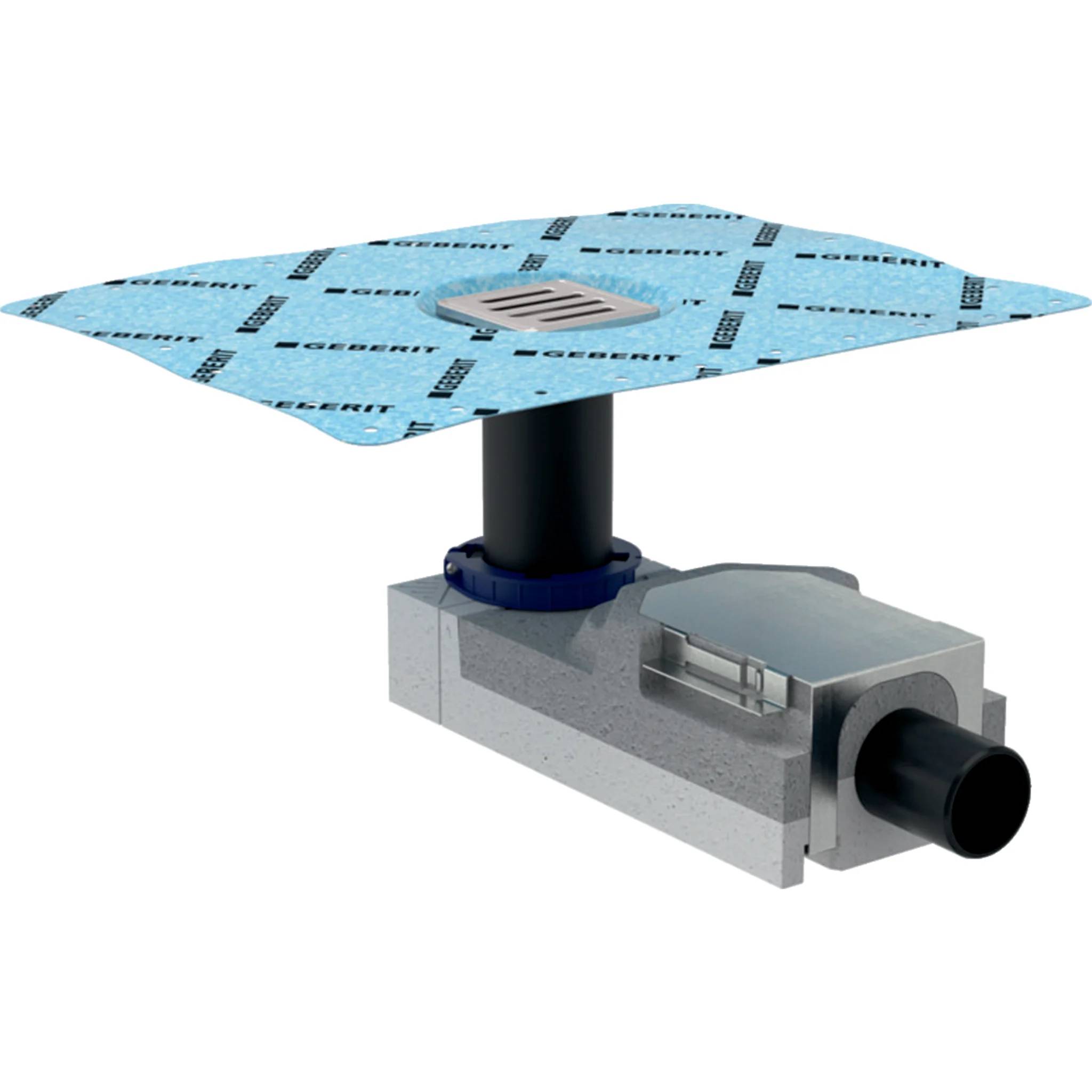 3D-Rendering einer Dachablauf: blaue wasserdichte Membran um einen zentralen Ablaufauslass, verbunden mit einem schwarzen Rohr und rechteckigem Ablaufkörper.