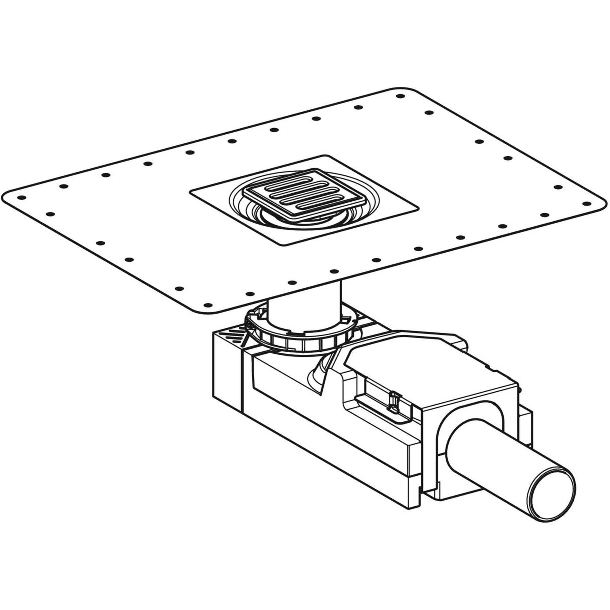 Linienzeichnung einer quadratischen Befestigungsplatte auf einer verstellbaren mechanischen Basis mit einem zylindrischen Rohr oder einer Welle, die von einer Seite ausgeht.