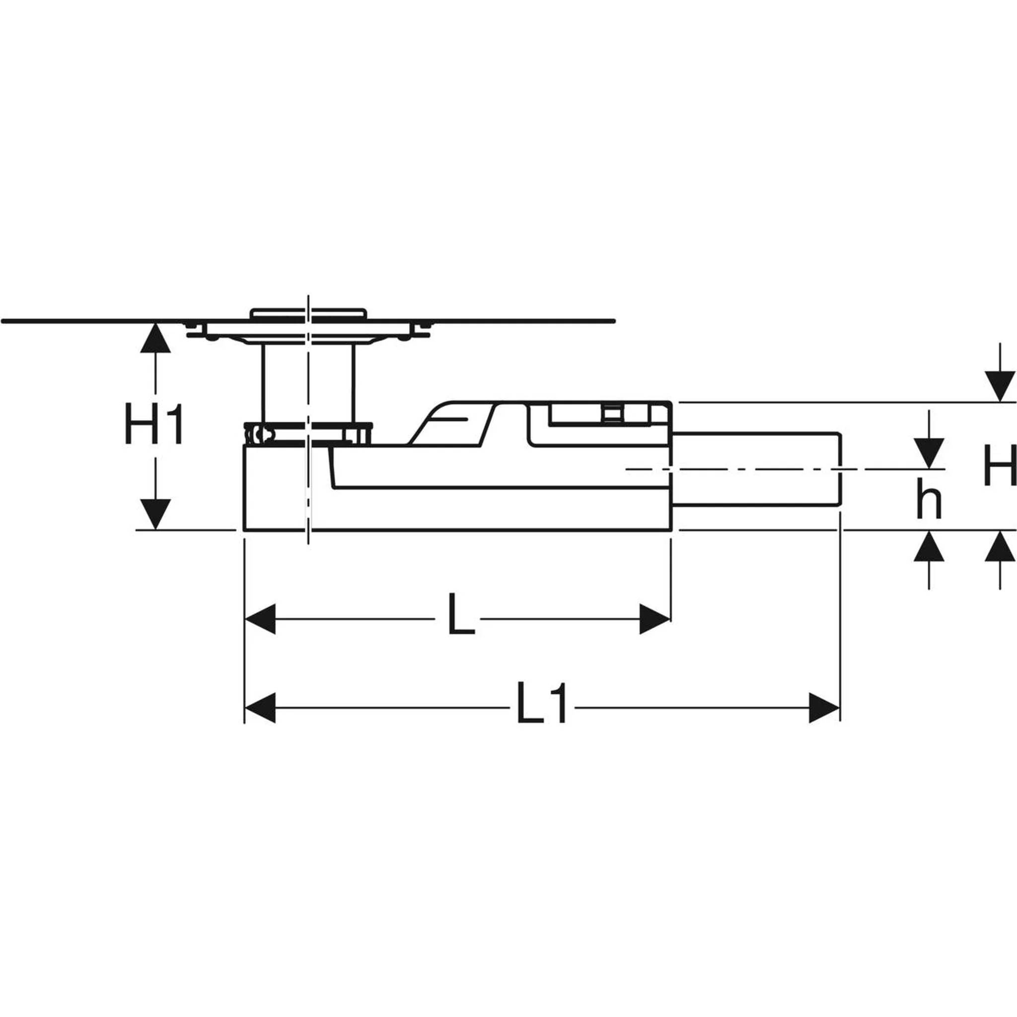 Technische Seitenansicht-Maßzeichnung einer mechanischen Komponente mit beschrifteten Abmessungen H1, H, h, L und L1 mit Pfeilen, die Höhen und Längen anzeigen.