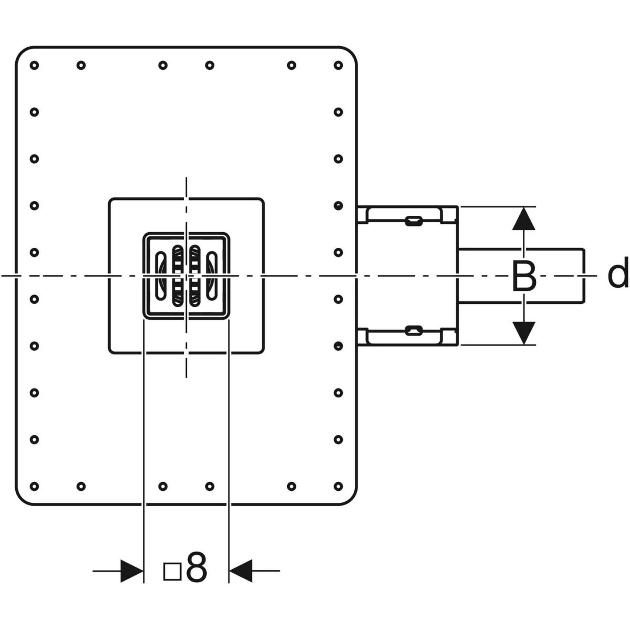 Technische Linienzeichnung einer Steckverbinder-Frontplattenmontage mit Beschriftungen der Abmessungen B und d sowie einem 8-mm-Abstand am unteren Ende markiert.