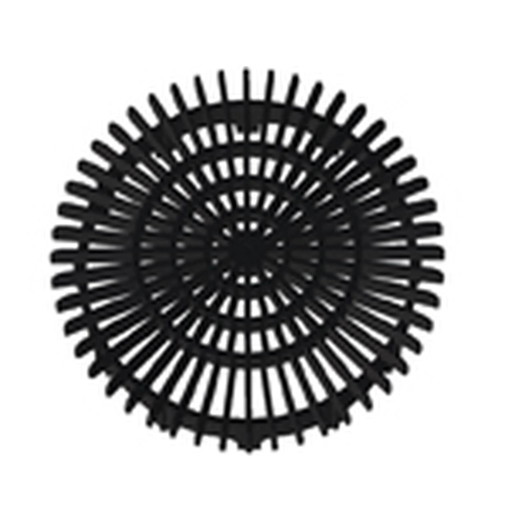 Schwarzes kreisförmiges gewebtes Sonnenaufgangsdesign mit radialen Speichen, zentriert auf einem schlichten weißen Hintergrund.