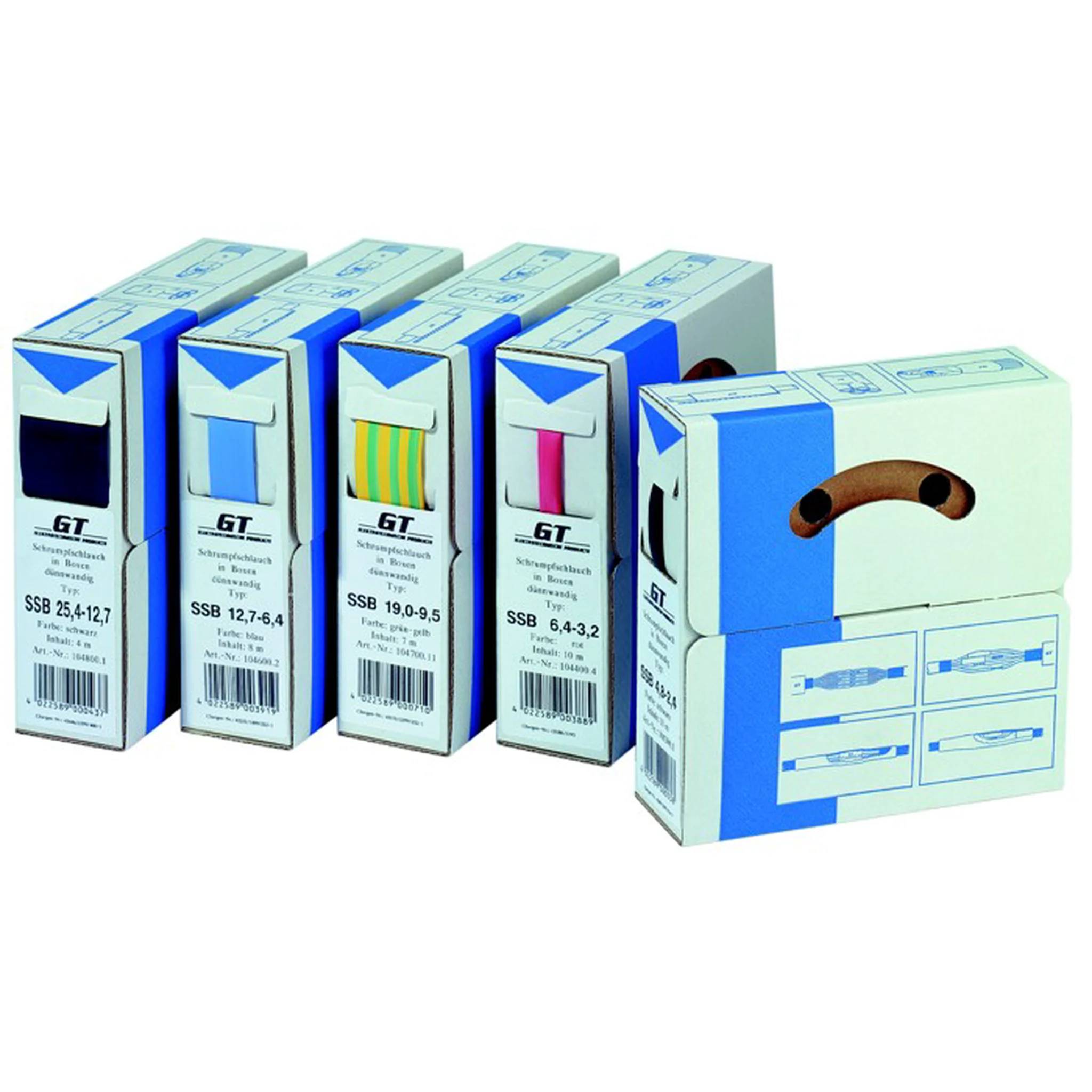 Fünf GT-gekennzeichnete Boxprodukte in einer Reihe angeordnet, mit einer größeren Box vorne, die einen Tragegriff und Produktdiagramme zeigt.