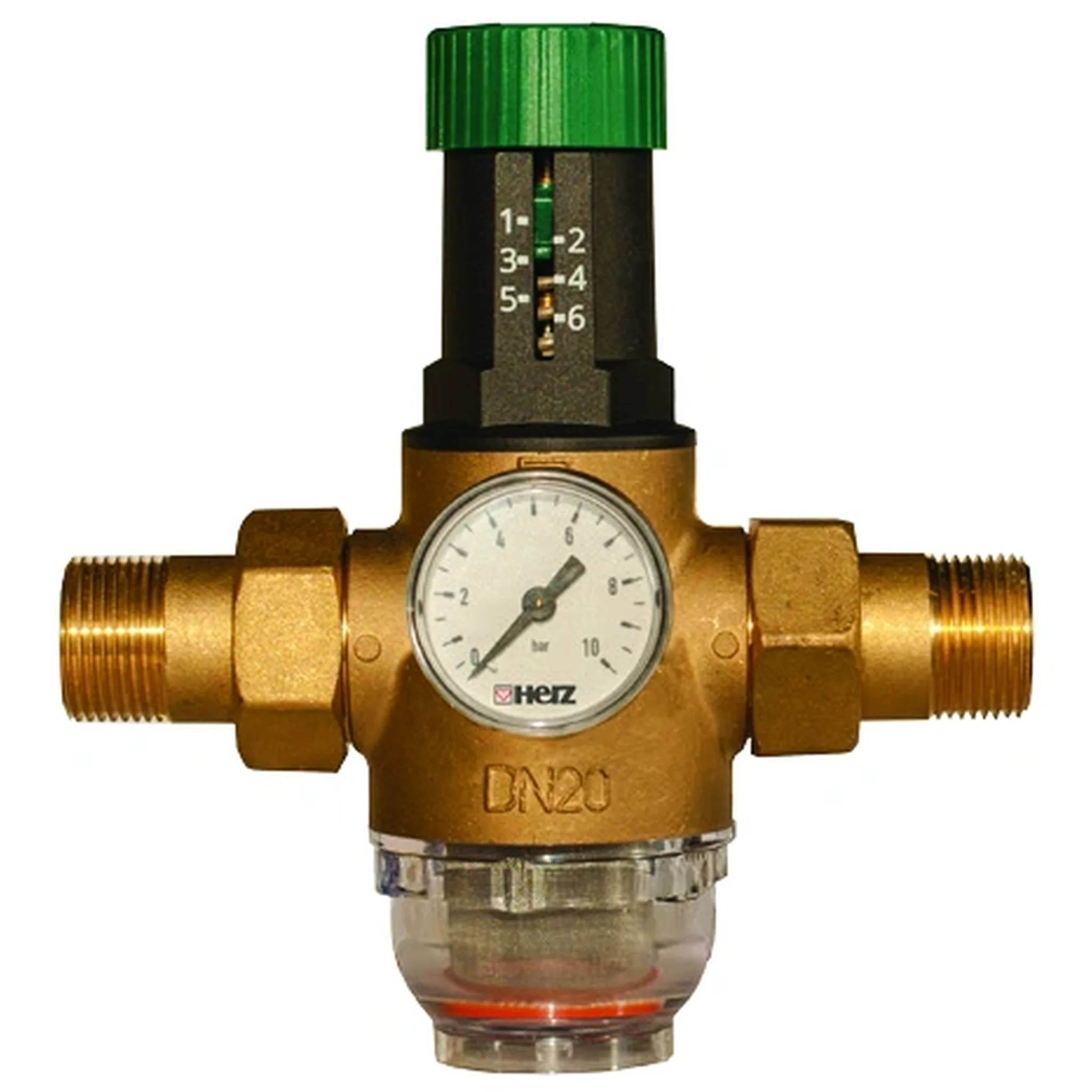 Messingarmatur für HVAC mit Druckmanometer und verstellbarem grünem Bedienungsknopf, bezeichnet als DN20, dargestellt mit Gewinderohranschlüssen.