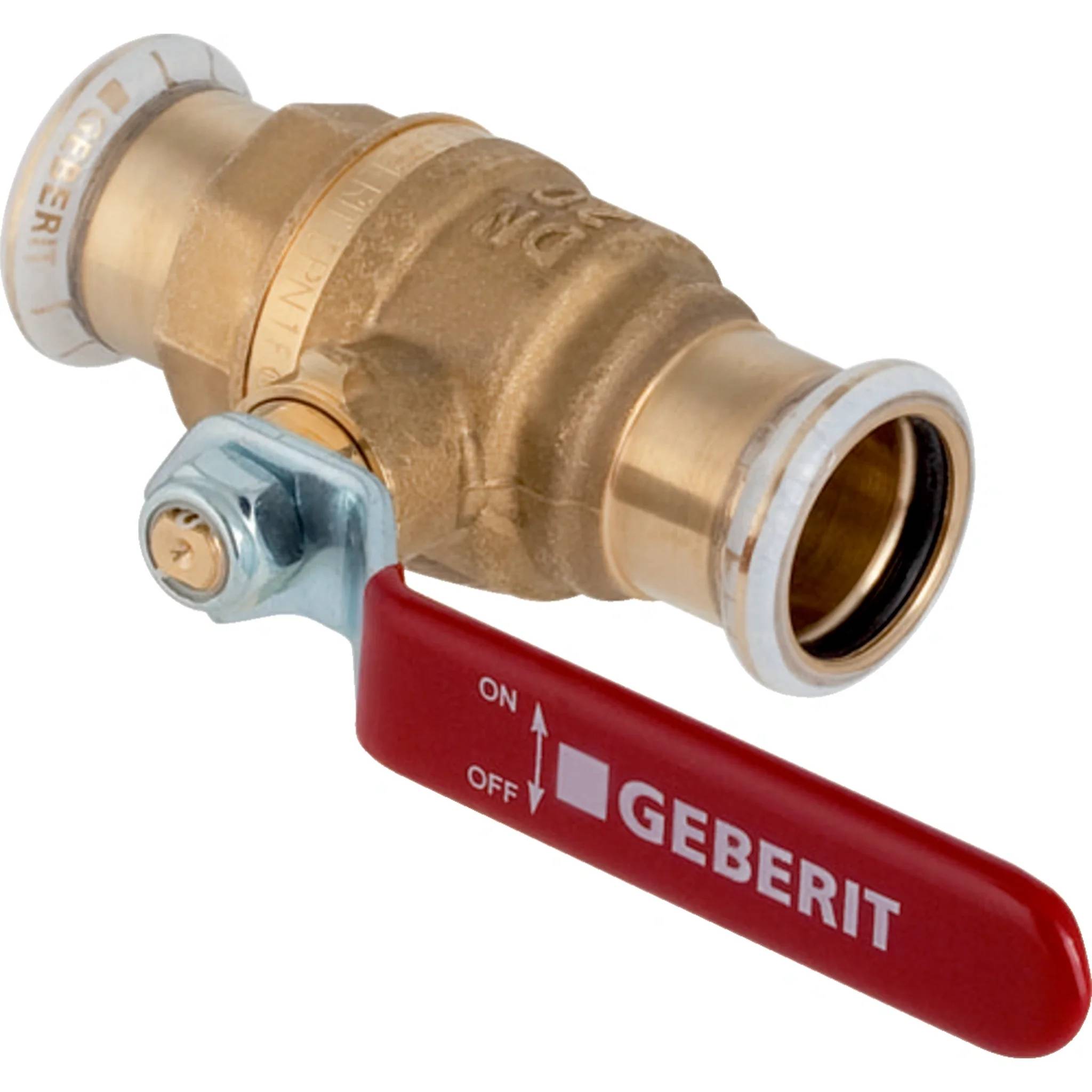 Messingabsperrhahn für Sanitäranwendungen mit rotem Geberit-Hebel, freigestellt auf weißem Hintergrund.