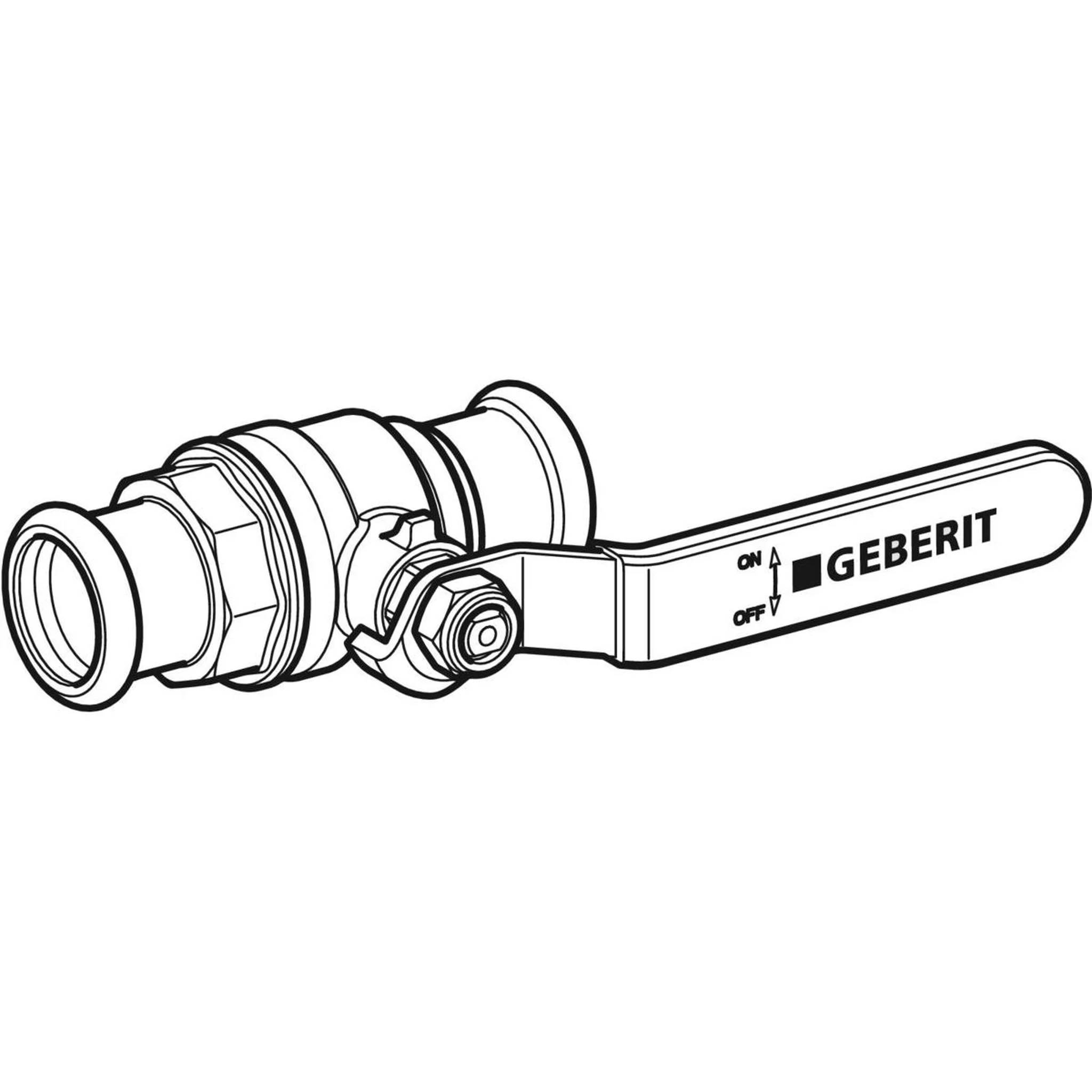 Technische Schwarz-Weiß-Zeichnung eines Geberit-Kugelventils mit Hebelgriff, die die Ein-/Aus-Positionen am Griff zeigt.