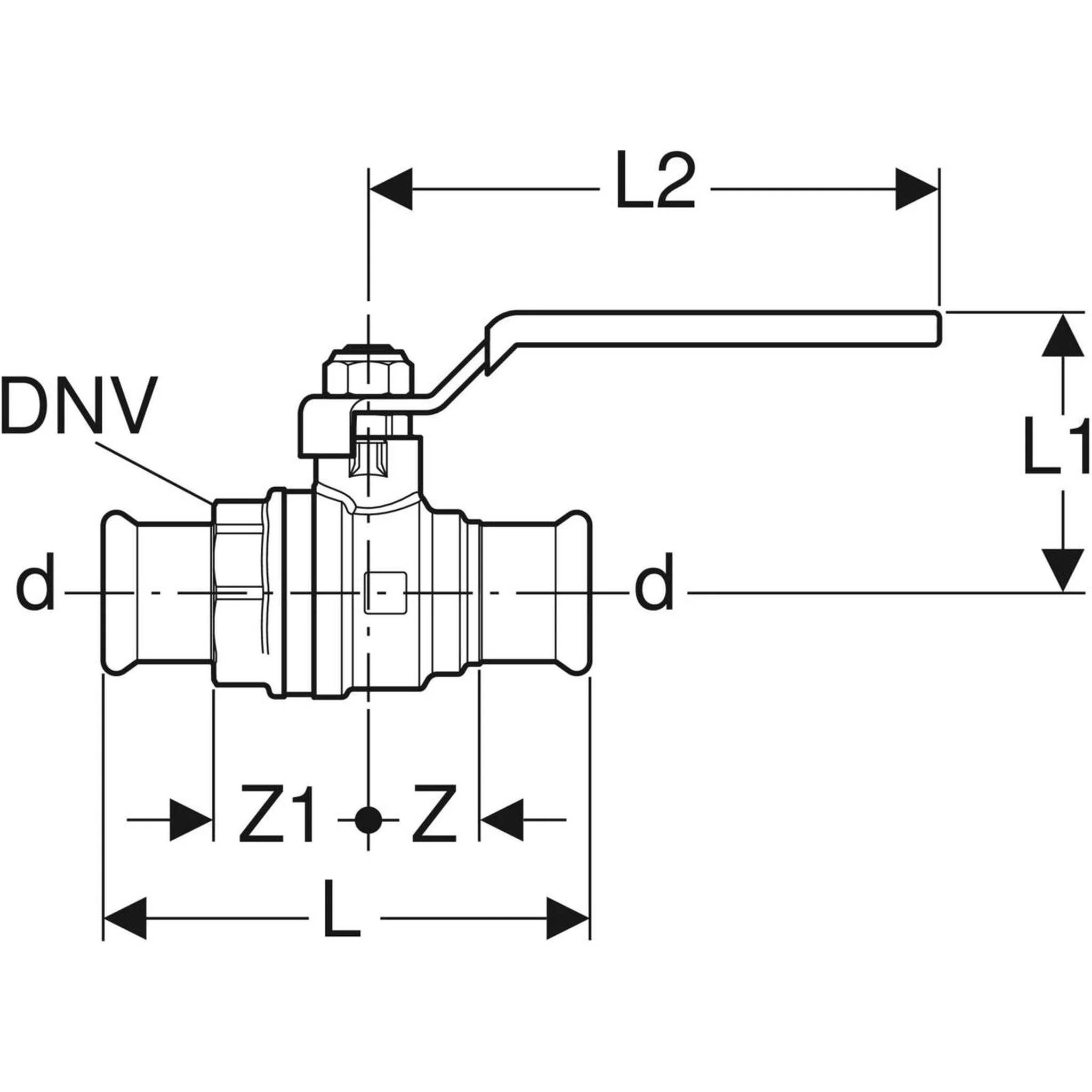 Maßstabgerechte technische Zeichnung eines DNV-gekennzeichneten Kugelventils mit Hebelgriff, mit den Abmessungen L, L1, L2, Z1, Z und d.