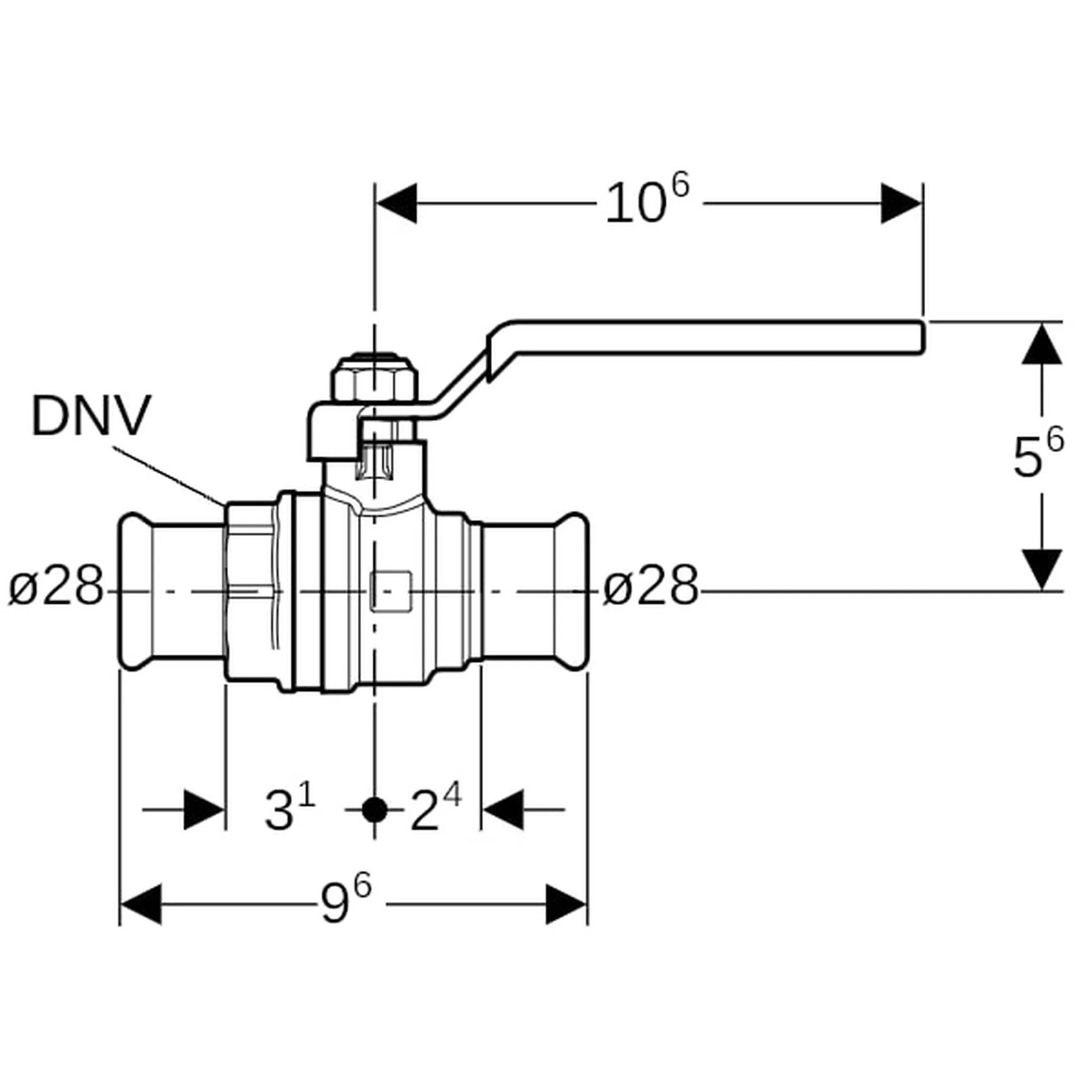 Technische Zeichnung eines DNV-zertifizierten Kugelventils mit Hebelgriff, seitliche Ansicht, 28 mm Anschlüsse und wichtige Abmessungen in Zoll gekennzeichnet.