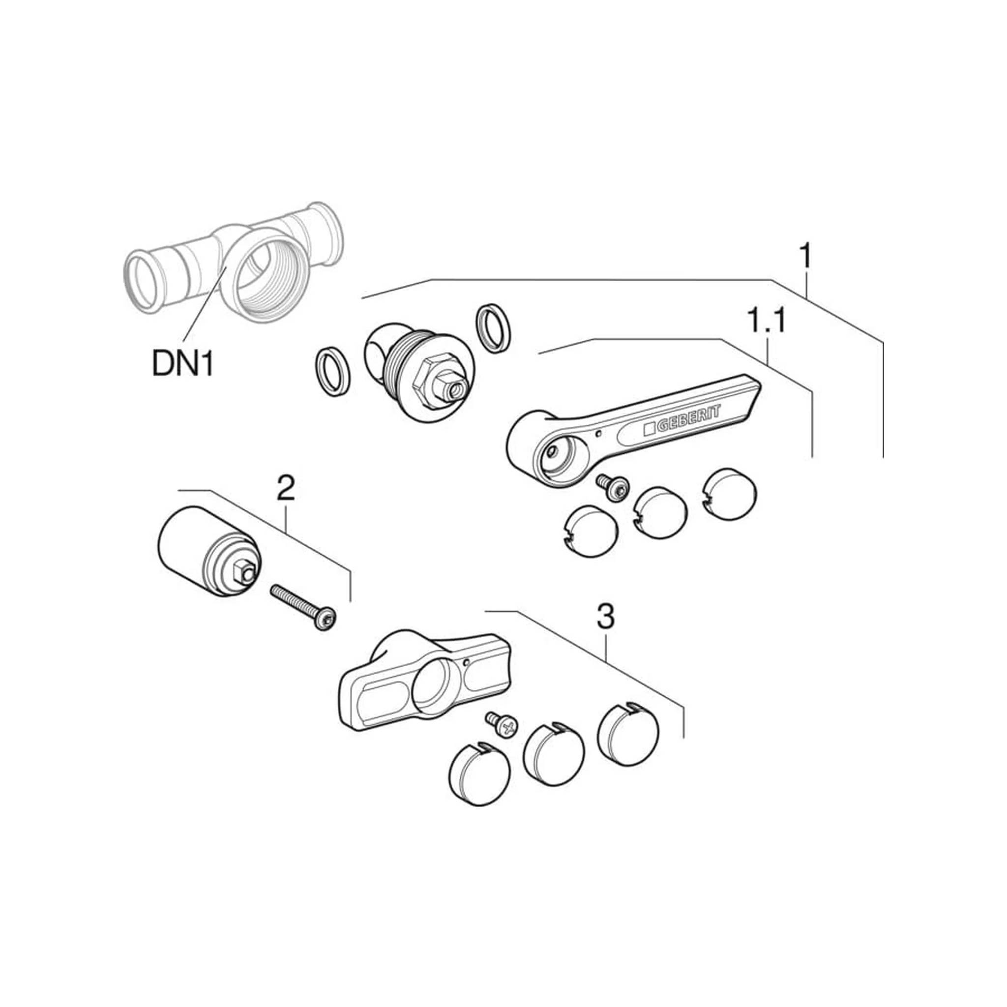 Explodierte technische Zeichnung einer Rohrventilbaugruppe mit beschrifteten Teilen DN1, 1, 1.1, 2 und 3 einschließlich Verbindungsstücke, Griffe, Schellen und Befestigungselemente.