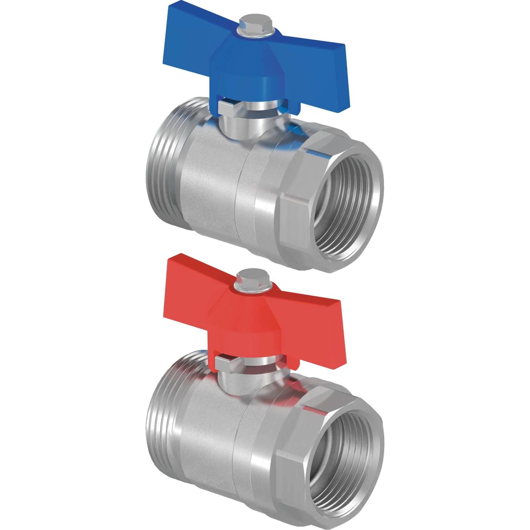 Zwei Metallkugelventile mit Gewindeenden, eines mit blauem Griff und eines mit rotem Griff, auf weißem Hintergrund dargestellt.