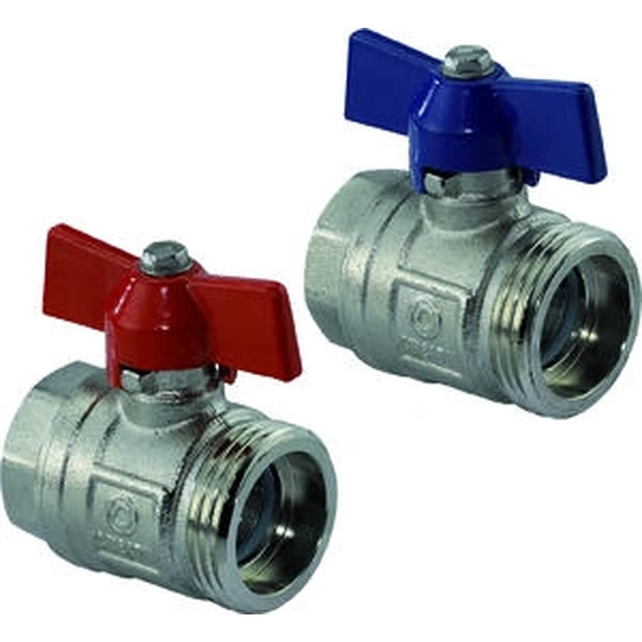 Zwei Metallkugelventile mit Flügelhebeln, eines rot und eines blau, auf weißem Hintergrund dargestellt.