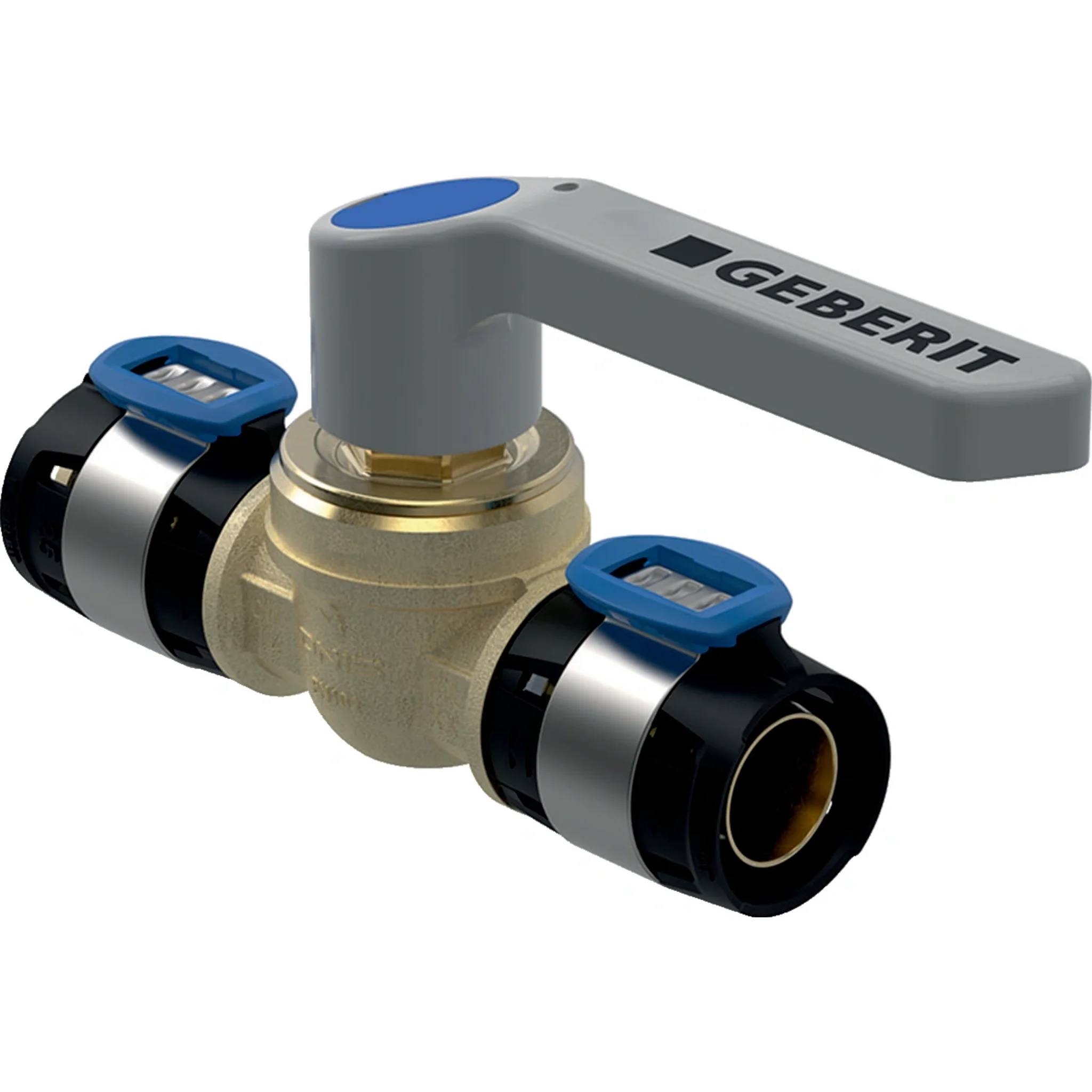 Geberit-Hebelventil mit grauem Griff und blauen Akzenten, zeigt ein Messing-Inline-Sanitärventil mit Kompressionsverschraubungen.