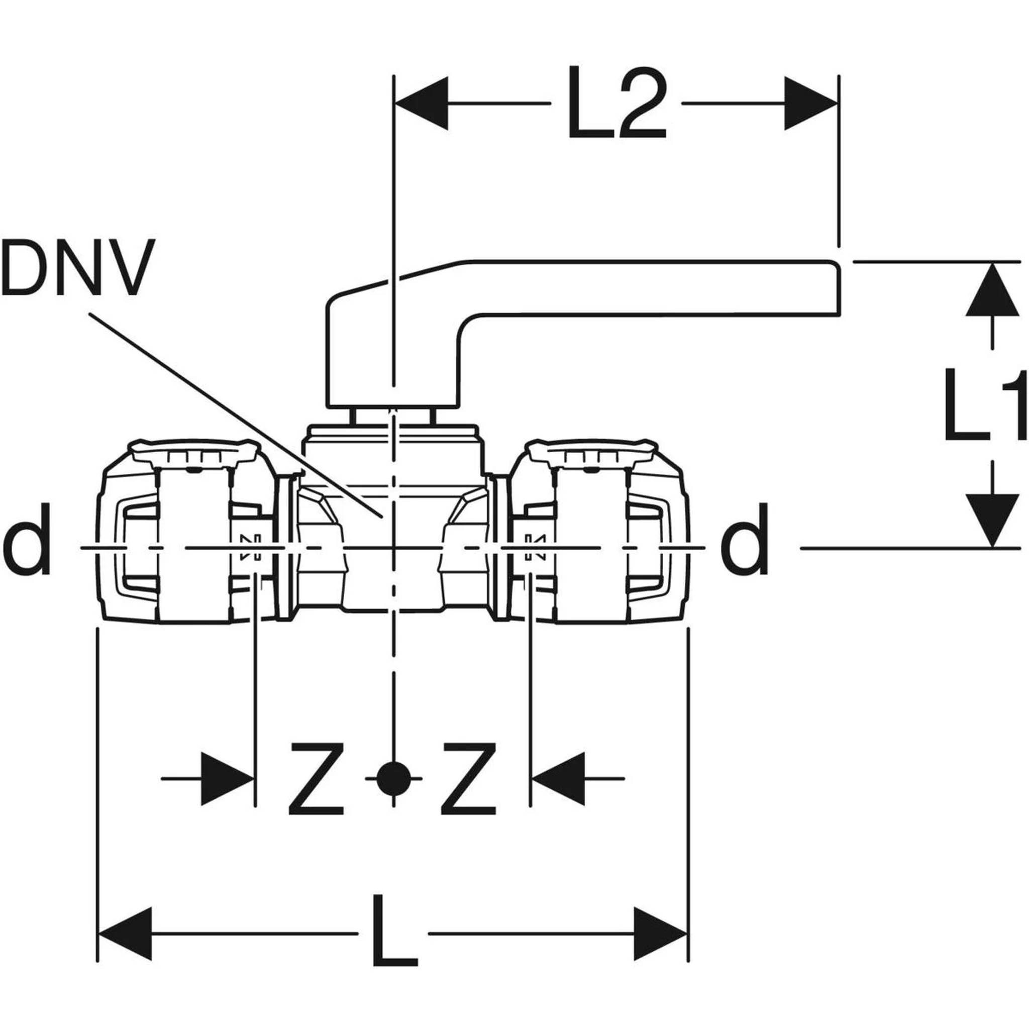 Technische Zeichnung eines Ventils mit beschrifteten Abmessungen L, L1, L2, d und Z; ein mit DNV gekennzeichneter Pfeil zeigt auf den zentralen Körper.