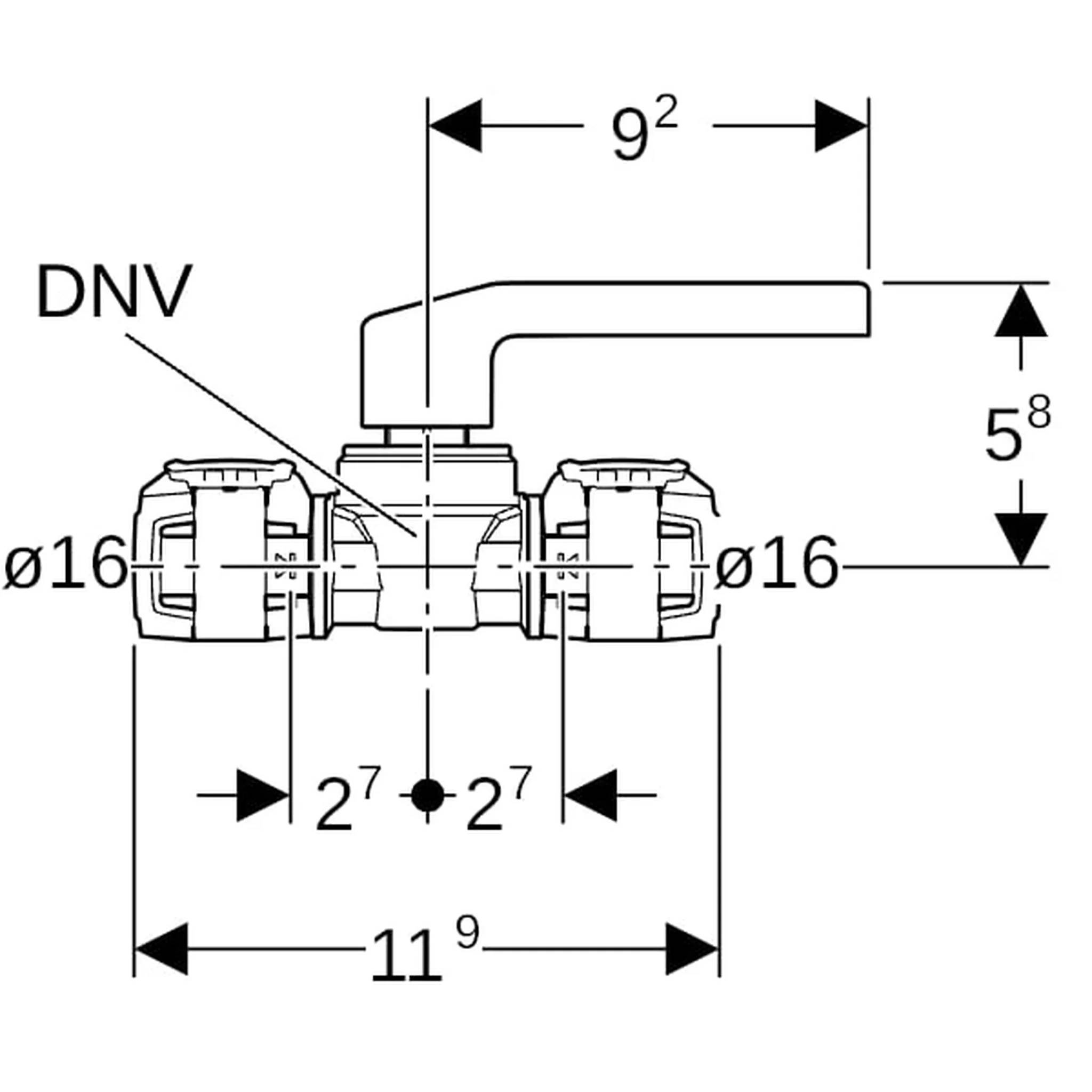 Technische Zeichnung eines Ventils mit Griff, mit DNV-Kennzeichnung und Abmessungen: 9² obere Breite, 5⁸ Höhe, 11⁹ Gesamtbreite und Ø16 Anschlüsse.