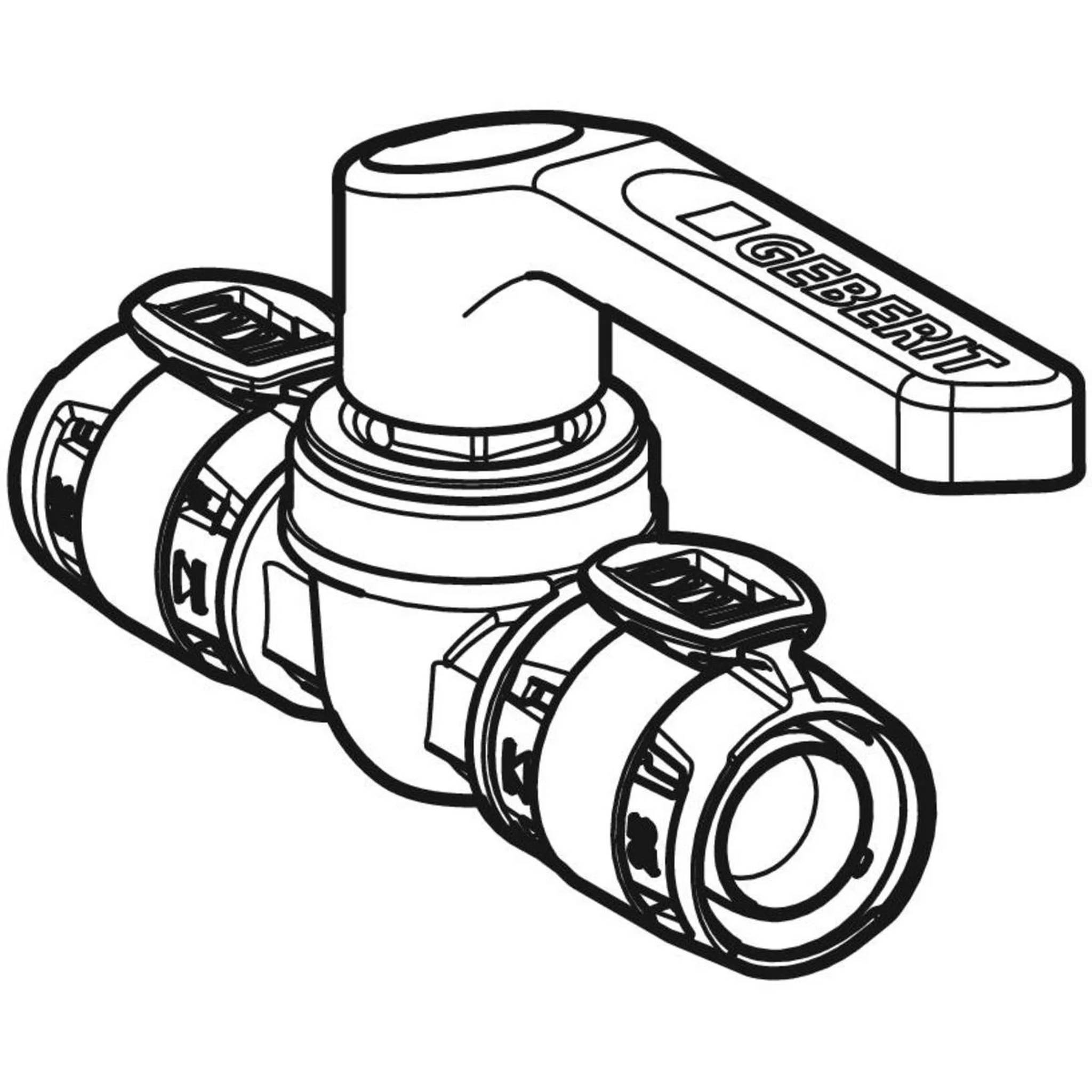 Schwarz-Weiß-Illustration eines GEBERIT-Ventils mit langem Hebelhahn und zwei Rohranschlüssen, dargestellt in isometrischer Ansicht.