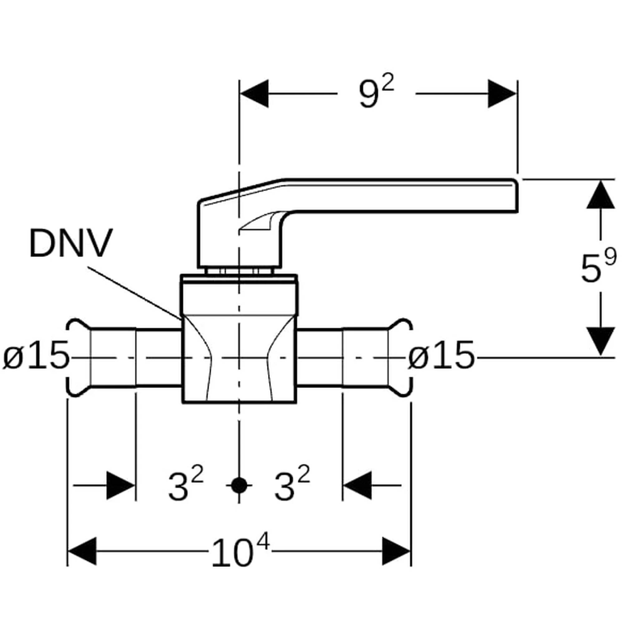 Technische Zeichnung eines Ventils mit Hebelgriff, zeigt Abmessungen und Rohranschlüsse mit der Kennzeichnung ø15, DNV und Maßangaben 9², 5⁹, 3², und 10⁴.