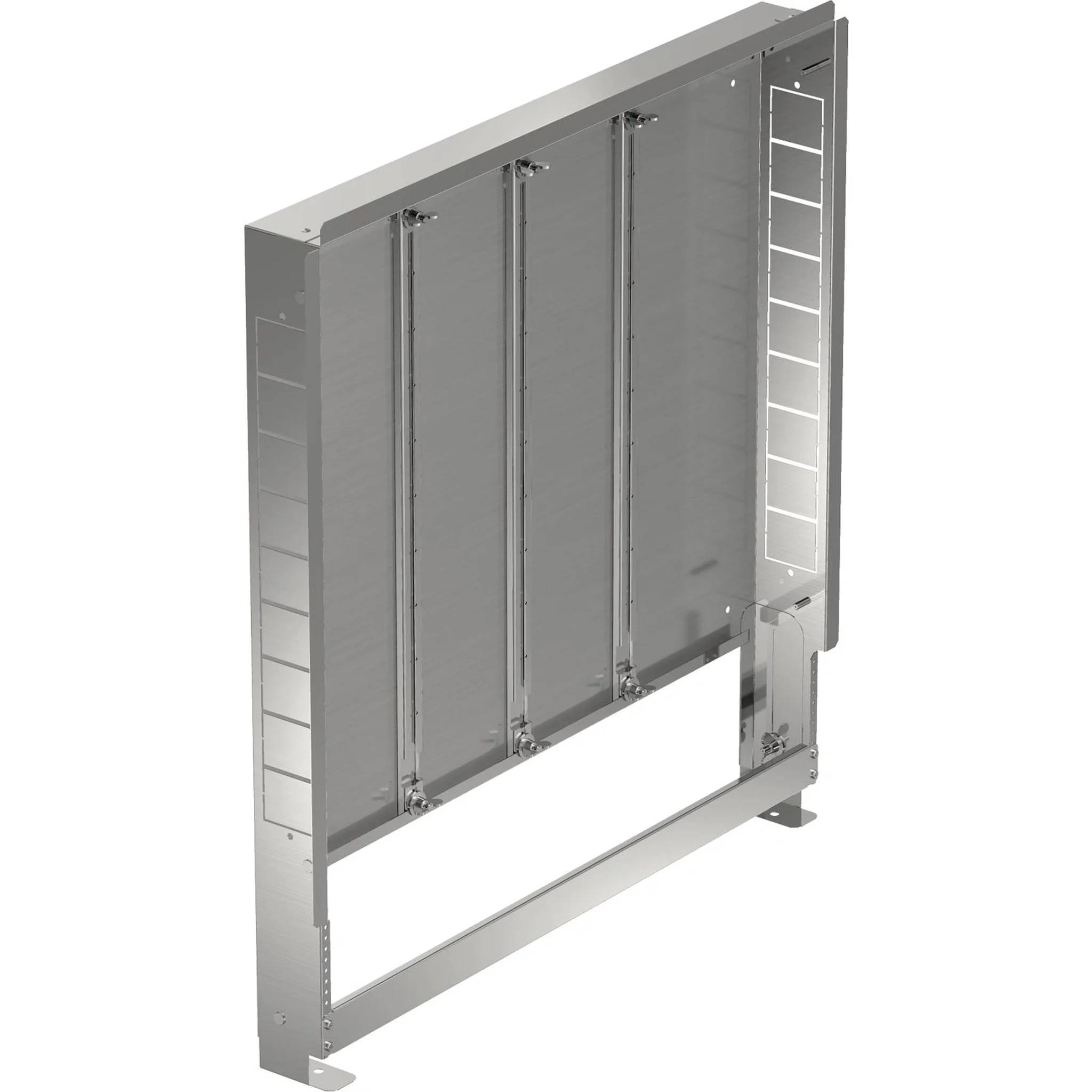 Metall-HVAC-Kanal oder Lüftungsgehäuse mit rechteckiger Ausschnittsöffnung und Montageflansche, dargestellt in einer produktstilisierten isolierten Ansicht.