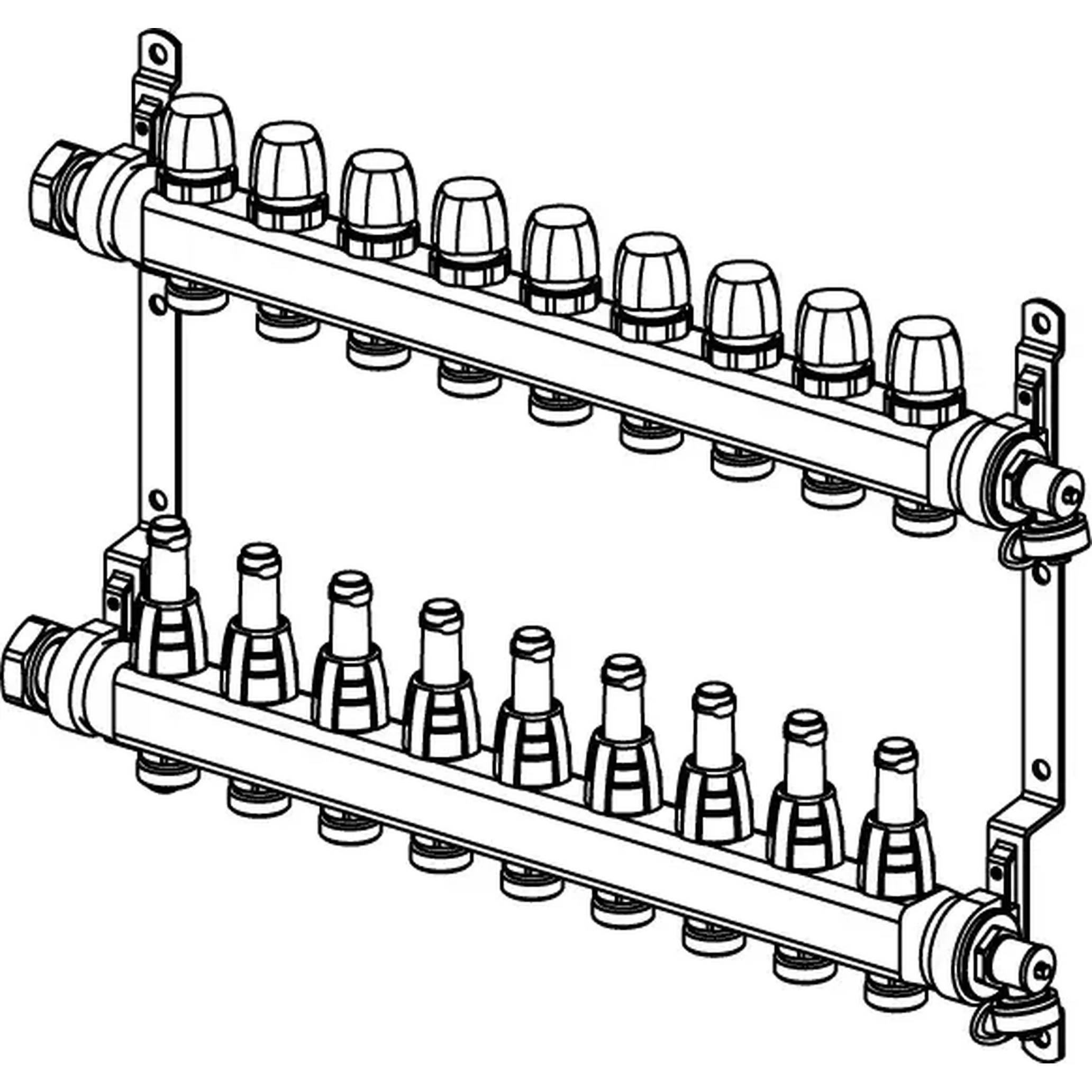 Strichzeichnung eines Doppelverteilers-Racks, das mehrere flaschenförmige Anschlüsse auf zwei parallelen Stangen hält.