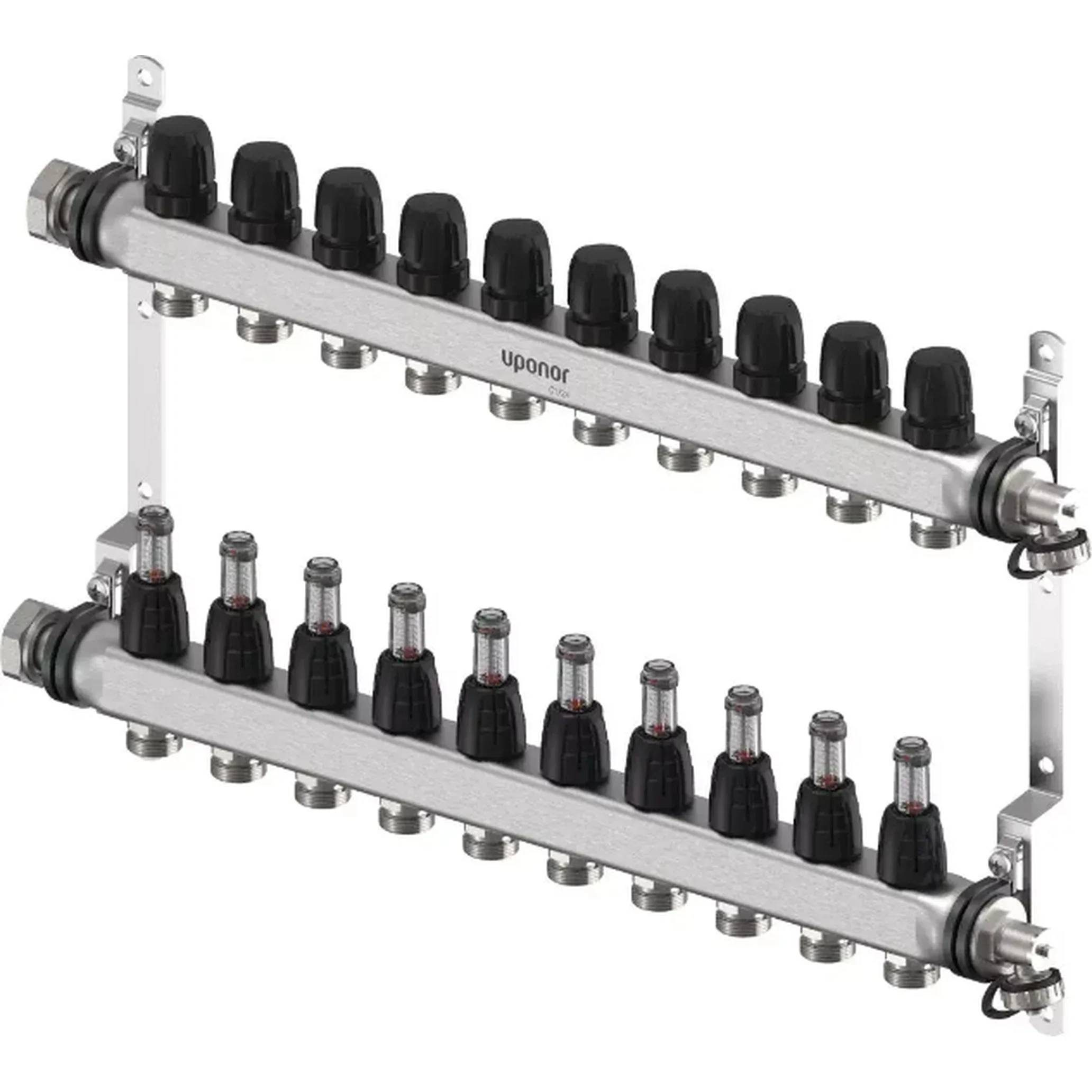 Zweistufiger Edelstahl-Verteiler mit mehreren Auslassventilen und Anschlüssen, mit dem Etikett „Uponor