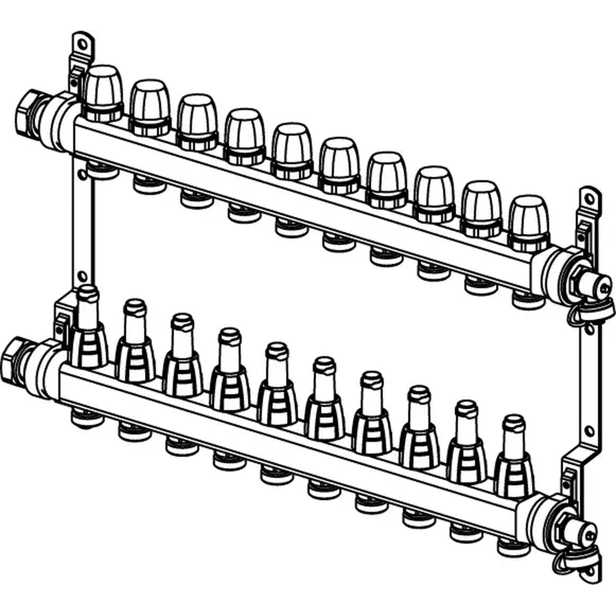Illustration einer zweistufigen Verteilerleiste mit mehreren Ventilausgängen und Anschlussarmturen, die zur Verteilung von Flüssigkeit oder Luft auf mehrere angeschlossene Leitungen verwendet wird.