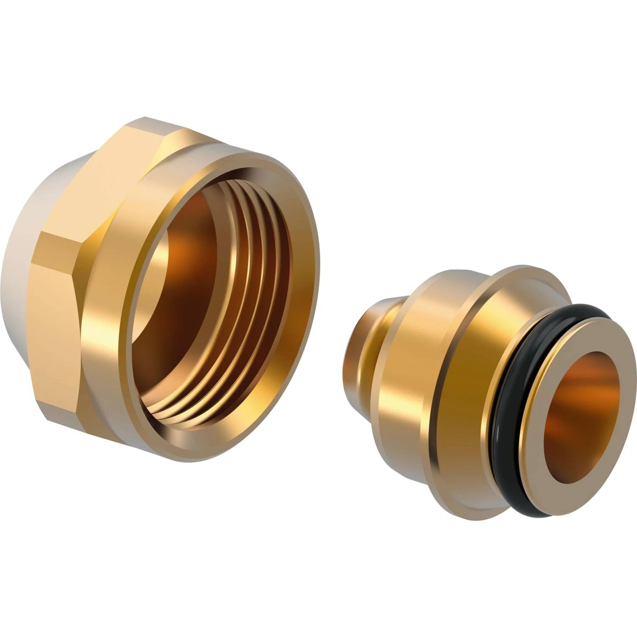 Zwei goldfarbene Metallrohrverbinder nebeneinander gezeigt, eine Buchse mit Gewinde und ein Stecker mit schwarzem O-Ring.