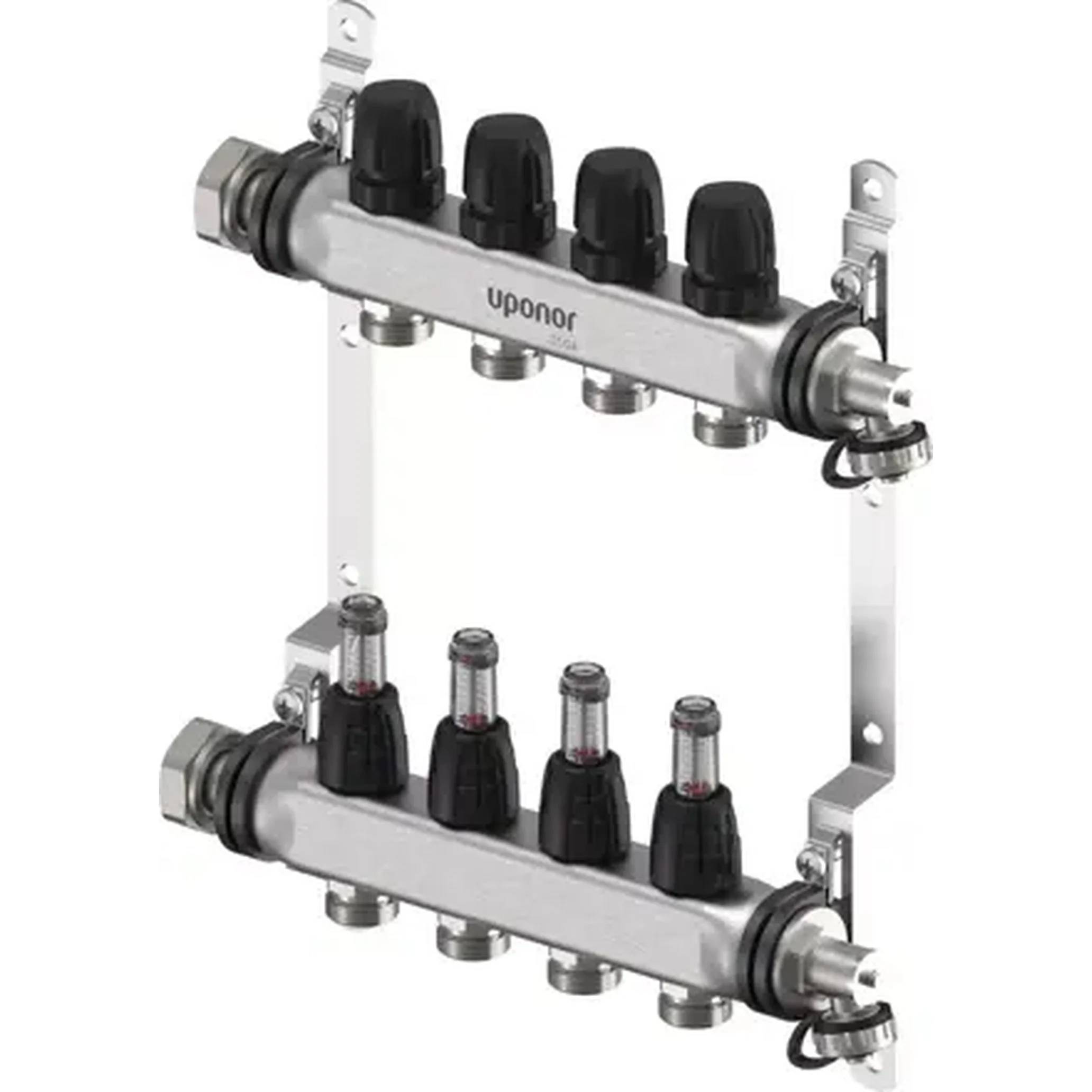 Metallverteilerblock mit zwei horizontalen Sammlern und mehreren verschlossenen Auslassventilen, der zur Wasserkammverteilung in einem Rohrleitungssystem verwendet wird.