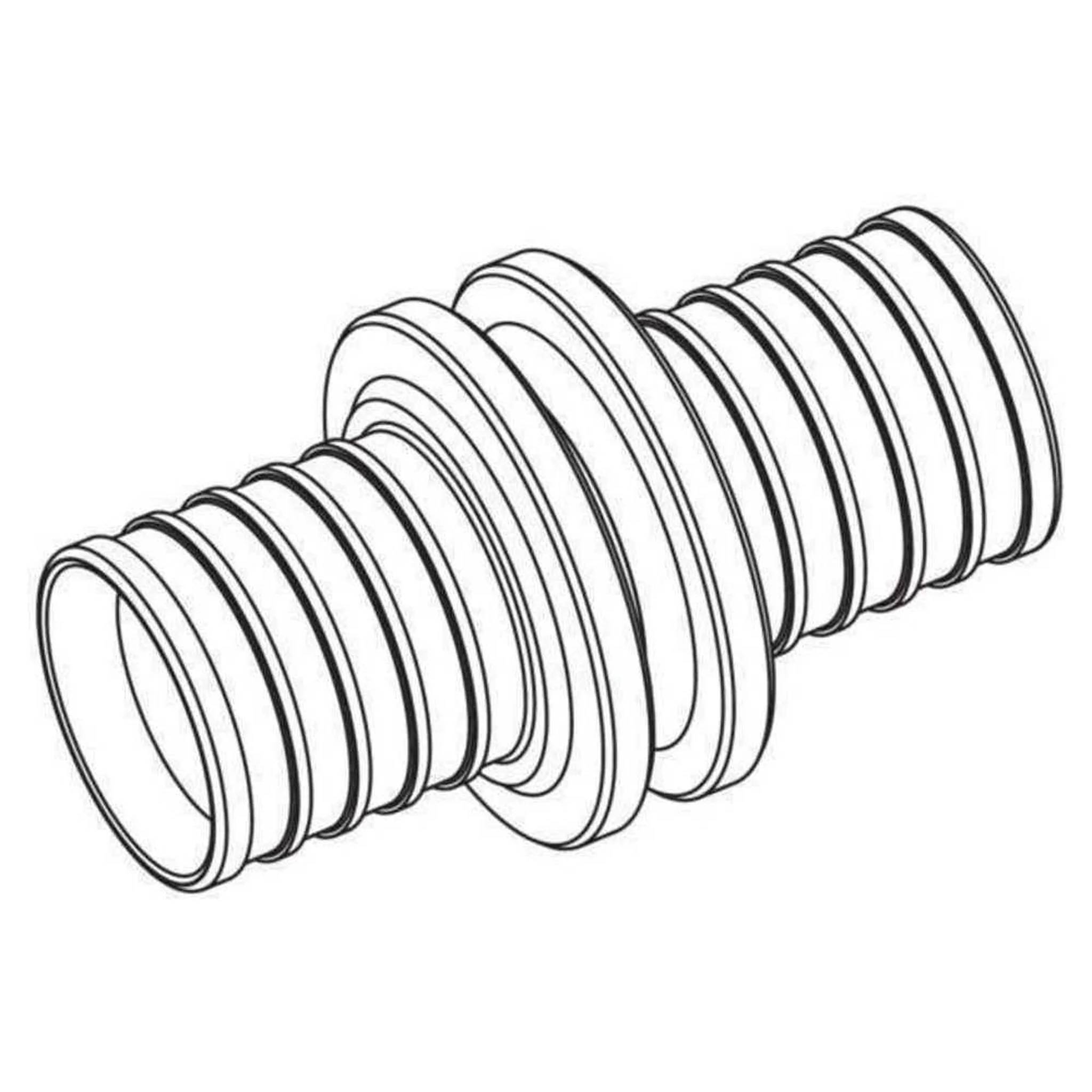 Schwarzweiße technische Illustration einer gerippten zylindrischen Steckverbindung oder Rohrkupplung mit Flanschenden, dargestellt in Perspektive auf einem einfachen Hintergrund.