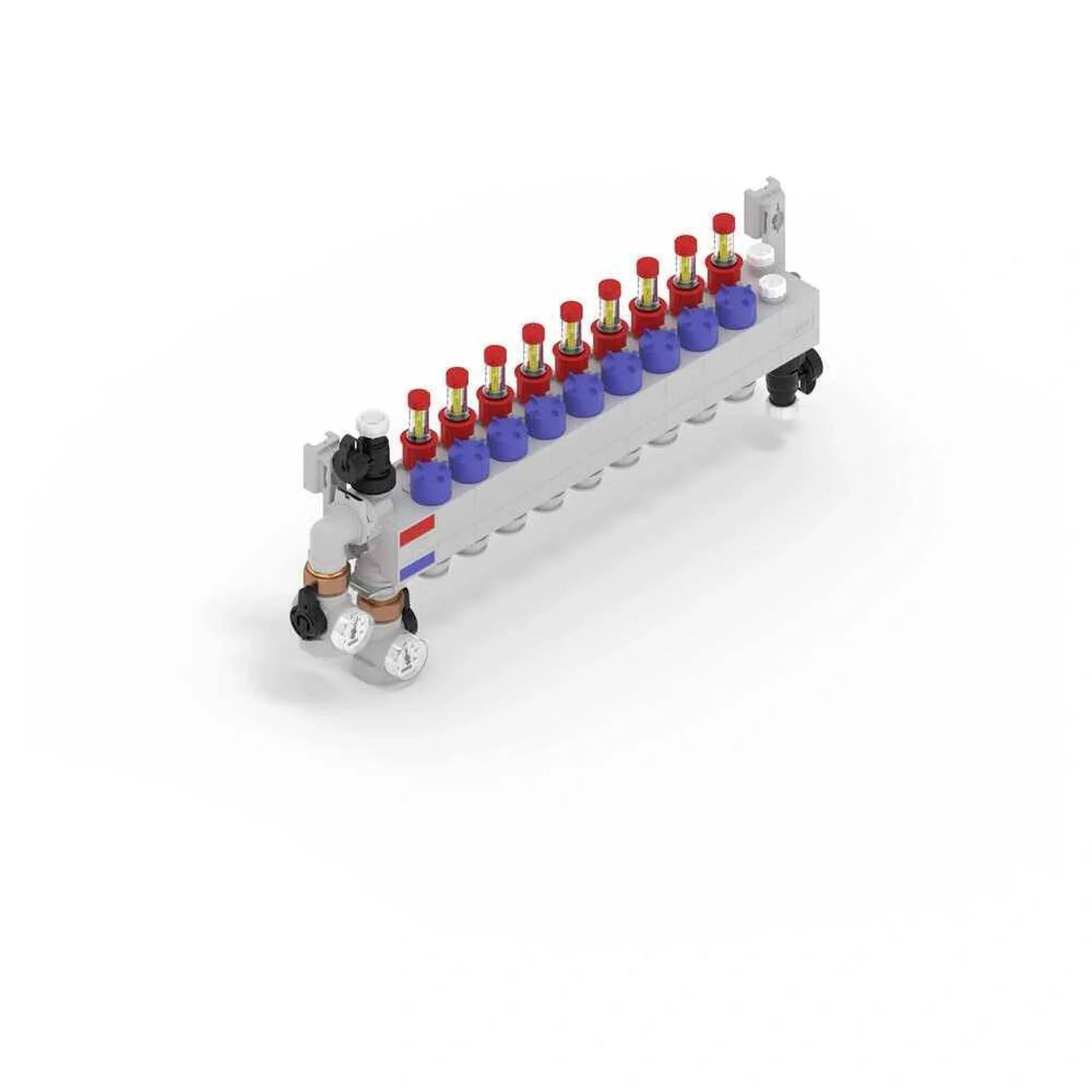 LEGO-ähnliche mechanische Baugruppe mit einem langen weißen Rahmen, roten Kappen auf vertikalen Stiften, blauen Stützen und kleinen Rädern an beiden Enden auf weißem Hintergrund.