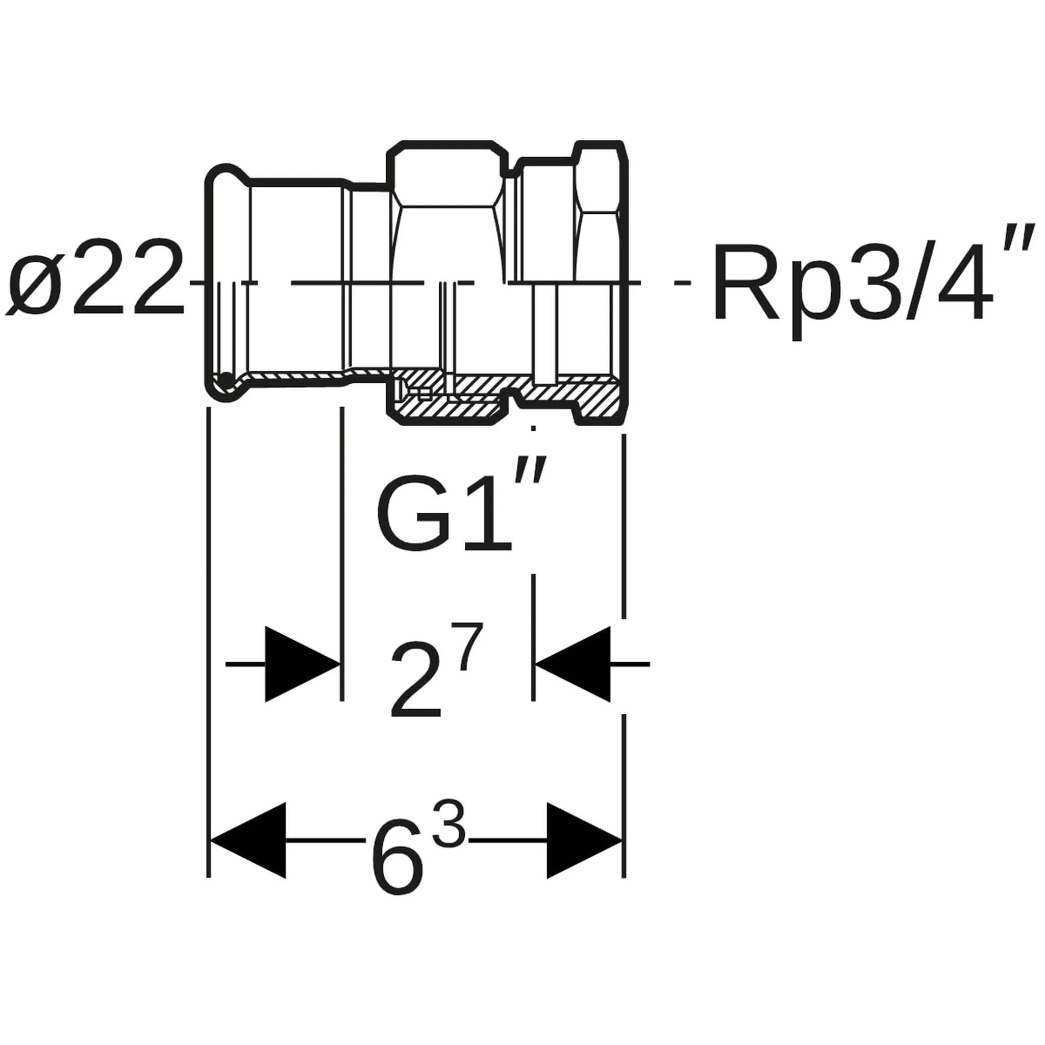 Technische Zeichnung einer Rohrarmatur mit den Abmessungen ø22, G1, Rp3/4, 2 und 6
