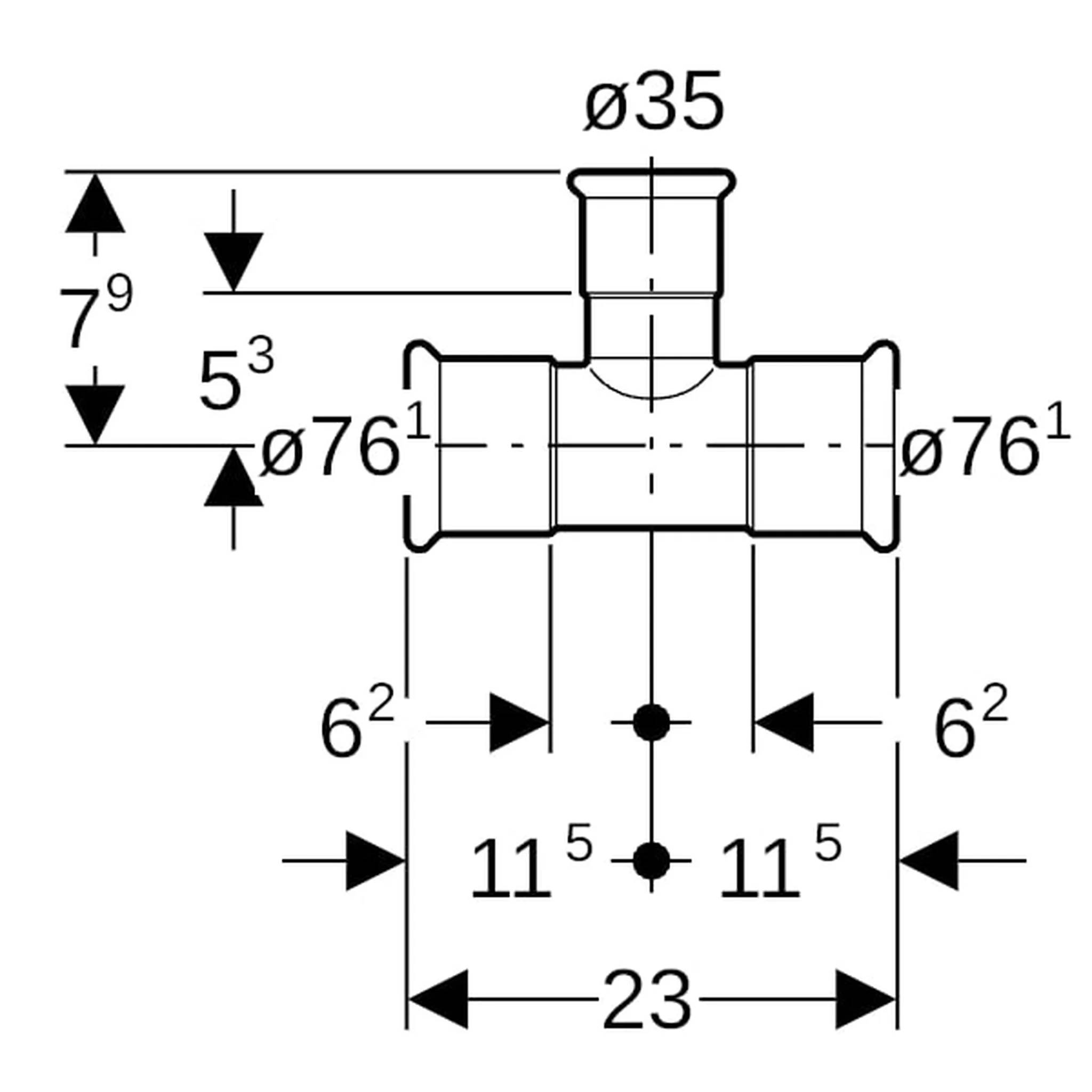 Geberit GE Mapress, C-Stahl, T-Stueck, red. Abg., 76,1 x 35 x 76,1mm, verz., 1 Stk.