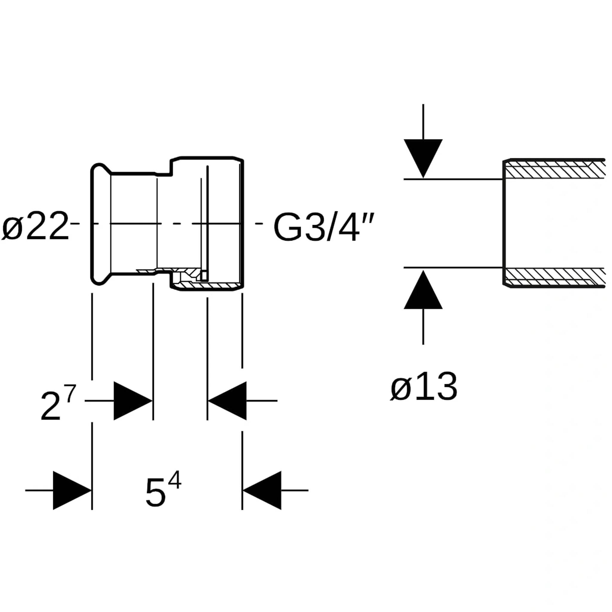 Geberit Mapress C-Stahl Übergang mit Überwurfmutter MS, d22mm x G3/4, vernickelt, Packung mit 10 Stk.