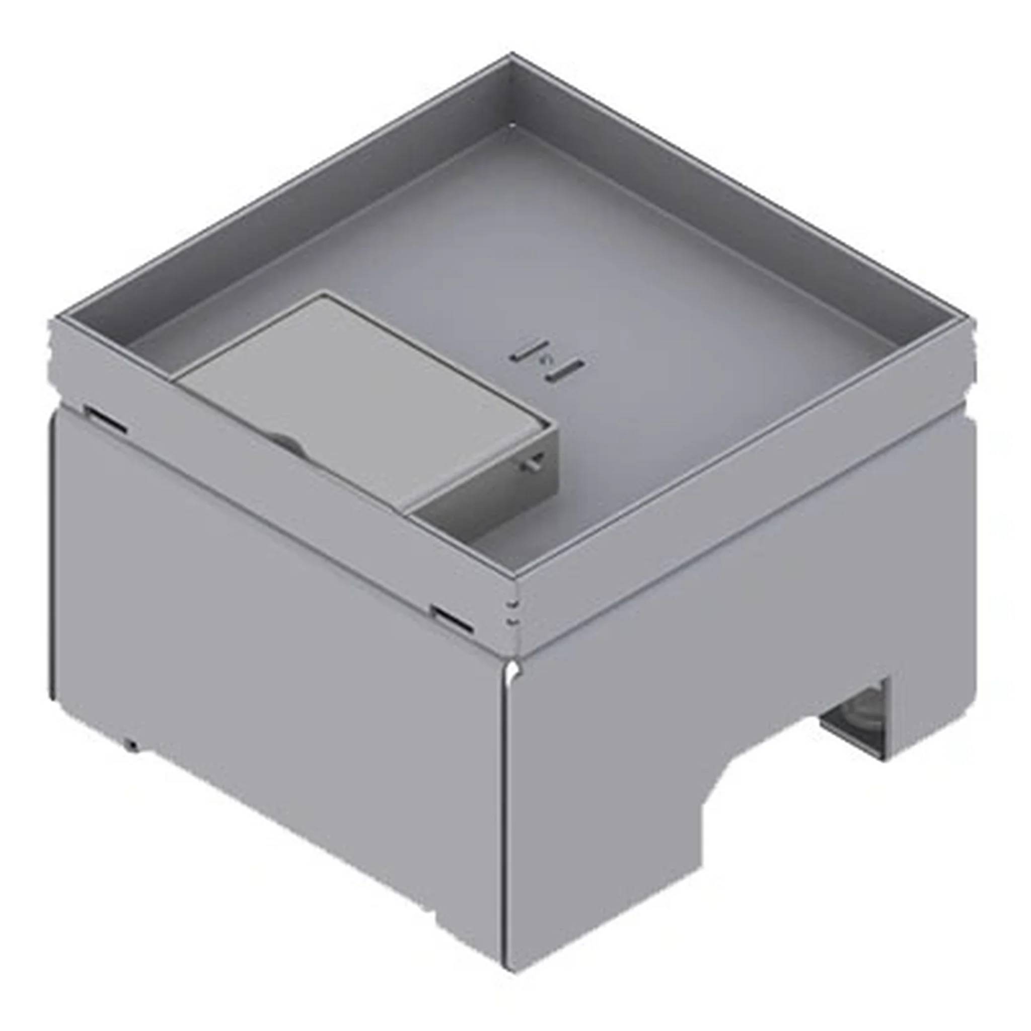 Grauer metallischer kastenförmiger Behälter mit offener Oberseite, dargestellt in 3D, mit einem kleinen inneren Fach und Ausschnittöffnungen an den Seiten.