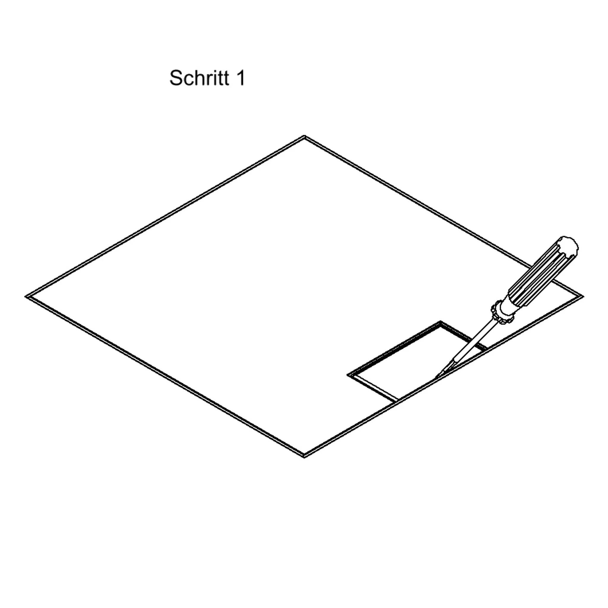 Schritt 1: Ein Schraubendreher lockert ein kleines rechteckiges Panel auf einem größeren Blatt, was darauf hindeutet, dass eine Öffnung oder ein Ausschnitt gemacht wird.