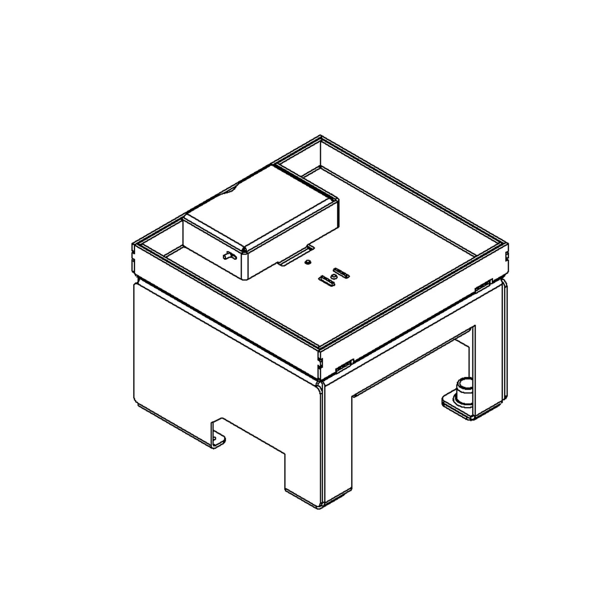Isometrische Strichzeichnung eines kastenförmigen mechanischen Gehäuses mit erhöbenem Topmodul und offenen Unterseiten-Ausschnitten, dargestellt auf weißem Hintergrund.