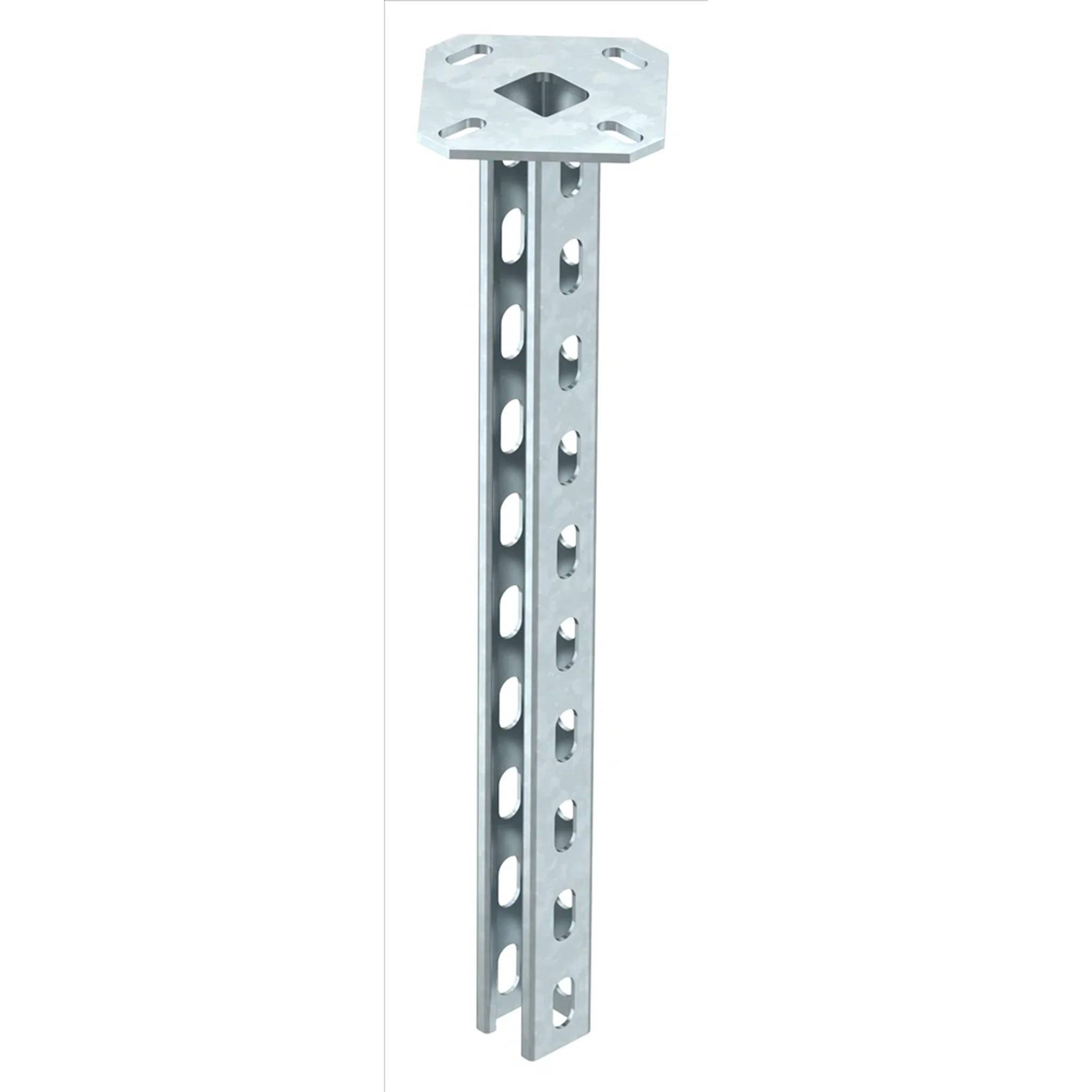 Galvanisierter Metallstützpfosten mit verstellbarer Höhe, durchlöcherten Seitenflächen und quadratischer Kopfplatte.