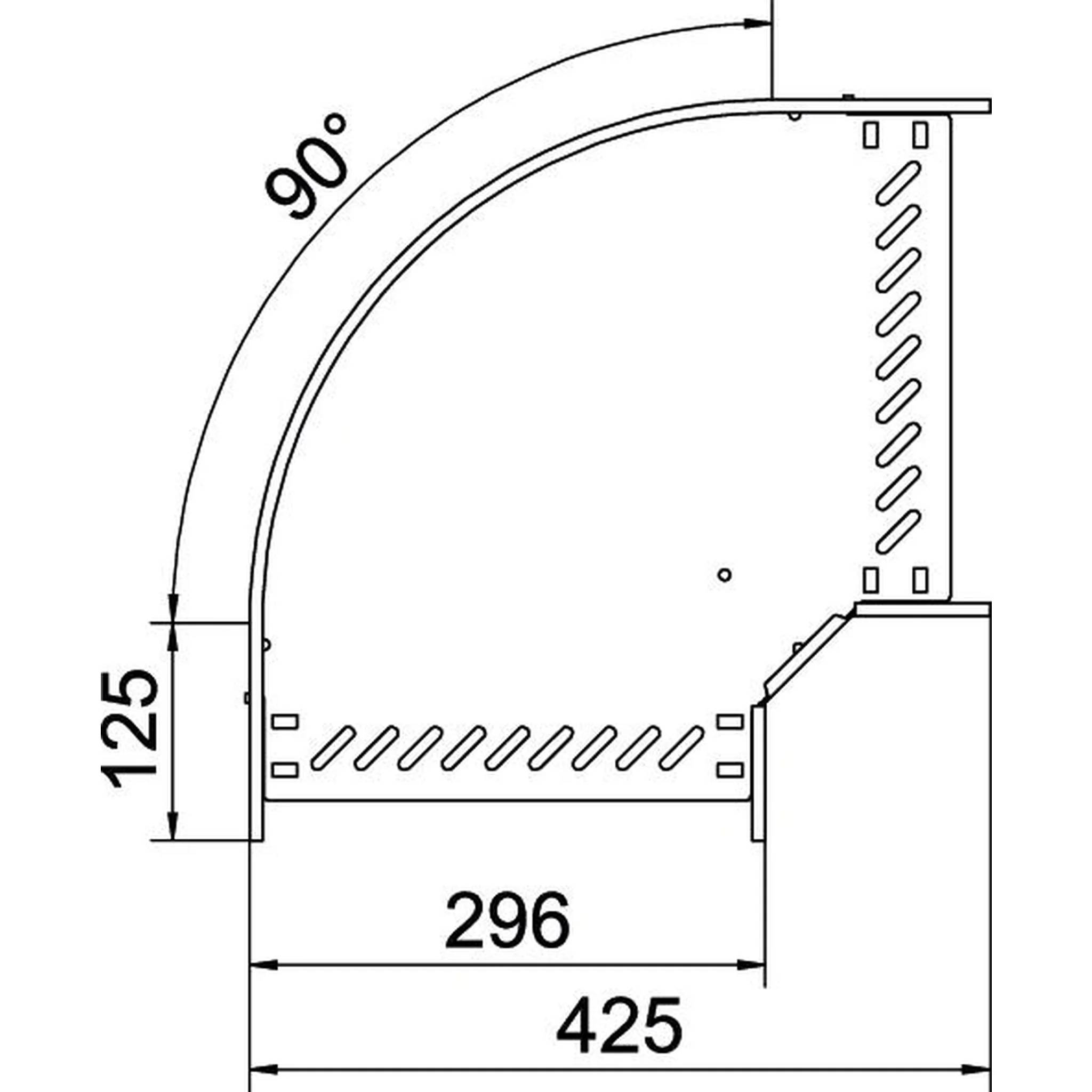 Technische Zeichnung eines 90-Grad-Rohrkrümmers/Rohrbogen mit den Abmessungen 425 Breite, 296 Innenbreite und 125 Höhe.