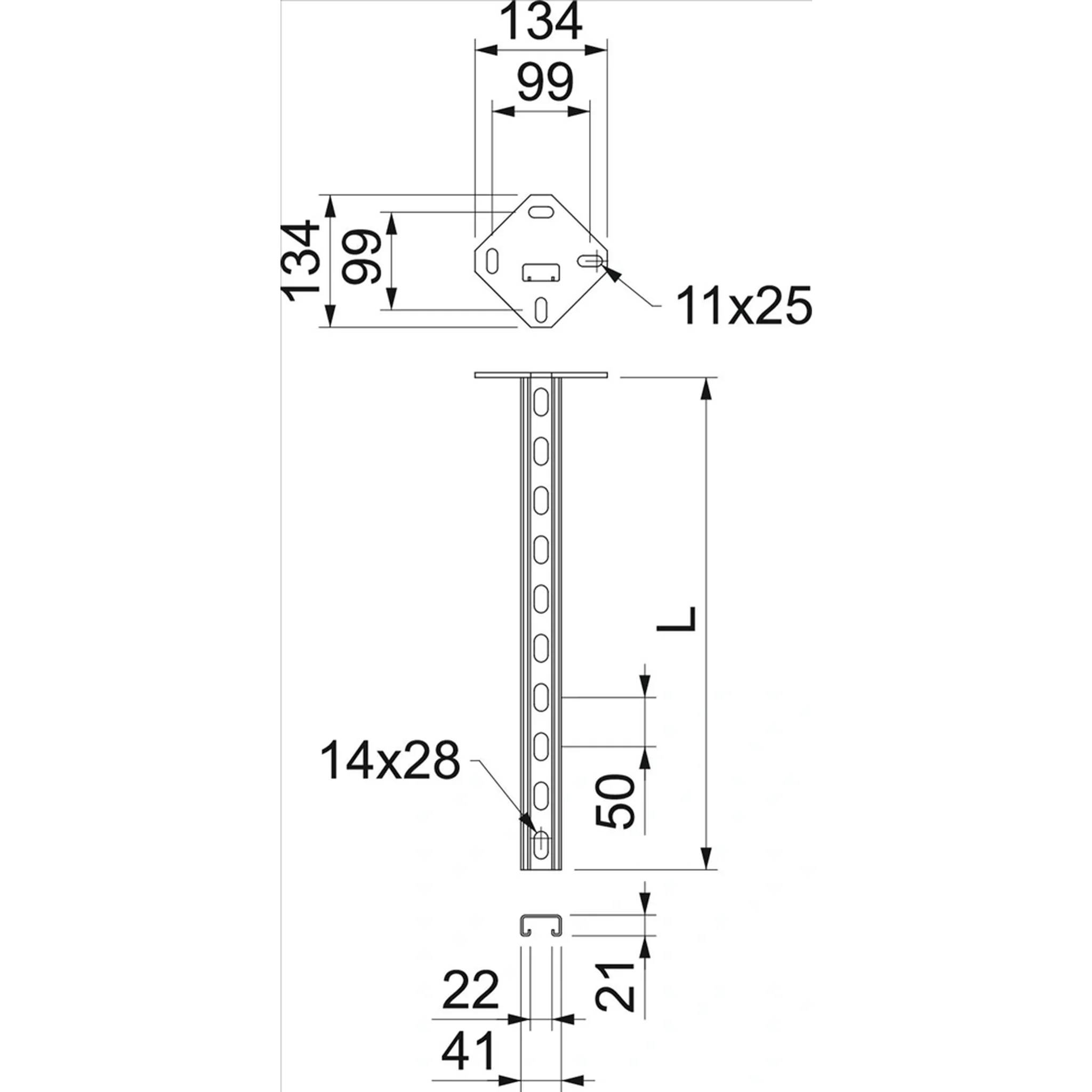Technische Zeichnung einer Metallklammer und eines geschlitzten vertikalen Pfosten mit Abmessungen 134, 99, 11x25, 14x28, 22, 41, 21, 50 und L.