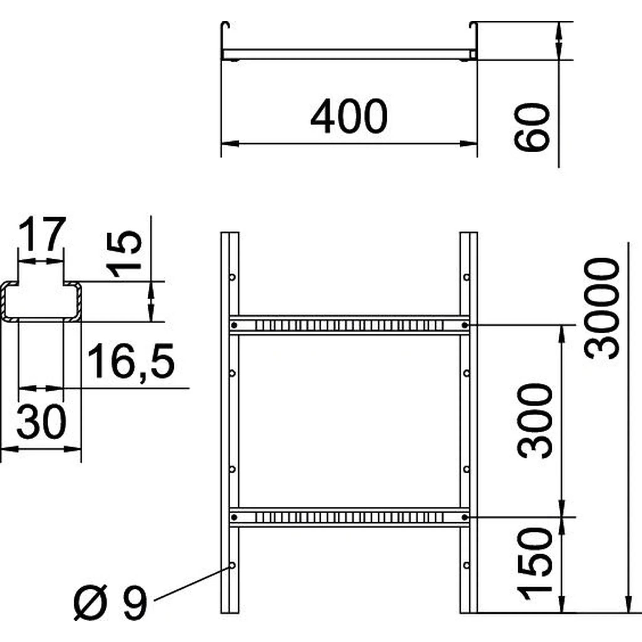 Technische Maßzeichnung eines Metallregals/Trägers: 400 mm breit, 60 mm hoch, 300 mm hoch, mit 300 und 150 mm Abstand und Ø9 Bohrungen.