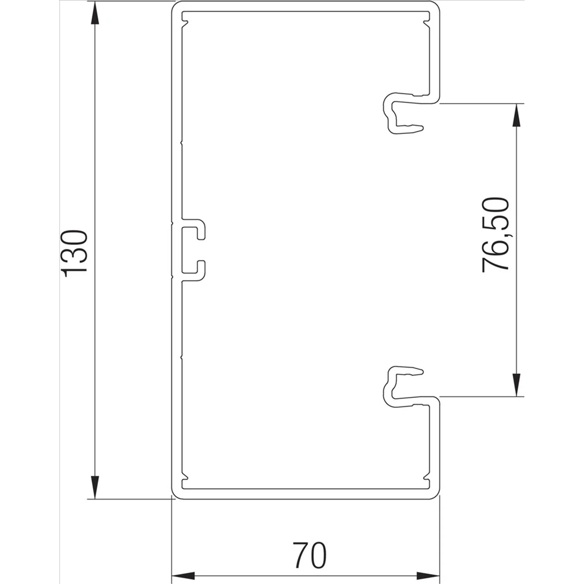 Technische Zeichnung eines rechteckigen Querschnittsprofils, 130 mm hoch und 70 mm breit, mit zwei internen Haken-Elementen mit einem Abstand von 76,50 mm.