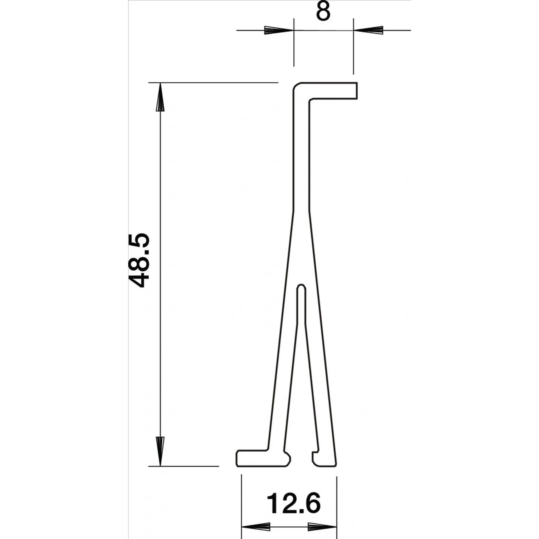 Technische Zeichnung einer schmalen Metallklammer oder eines Halters mit Abmessungen: 48,5 mm Höhe, 12,6 mm Basisbreite, 8 mm obere Breite.