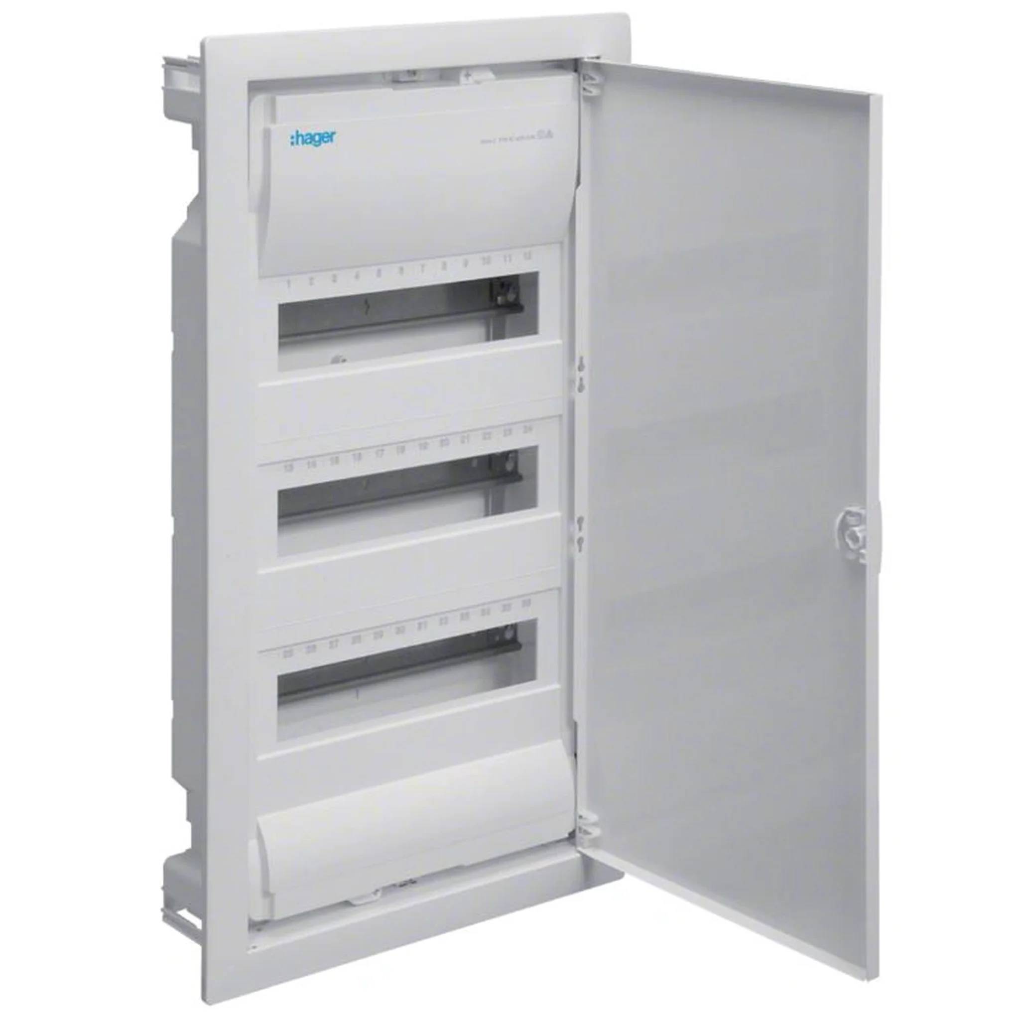 Offene weiße elektrische Verteilertafel mit drei Reihen von Schalterplätzen und eine nach rechts aufgeschwungene Tür.