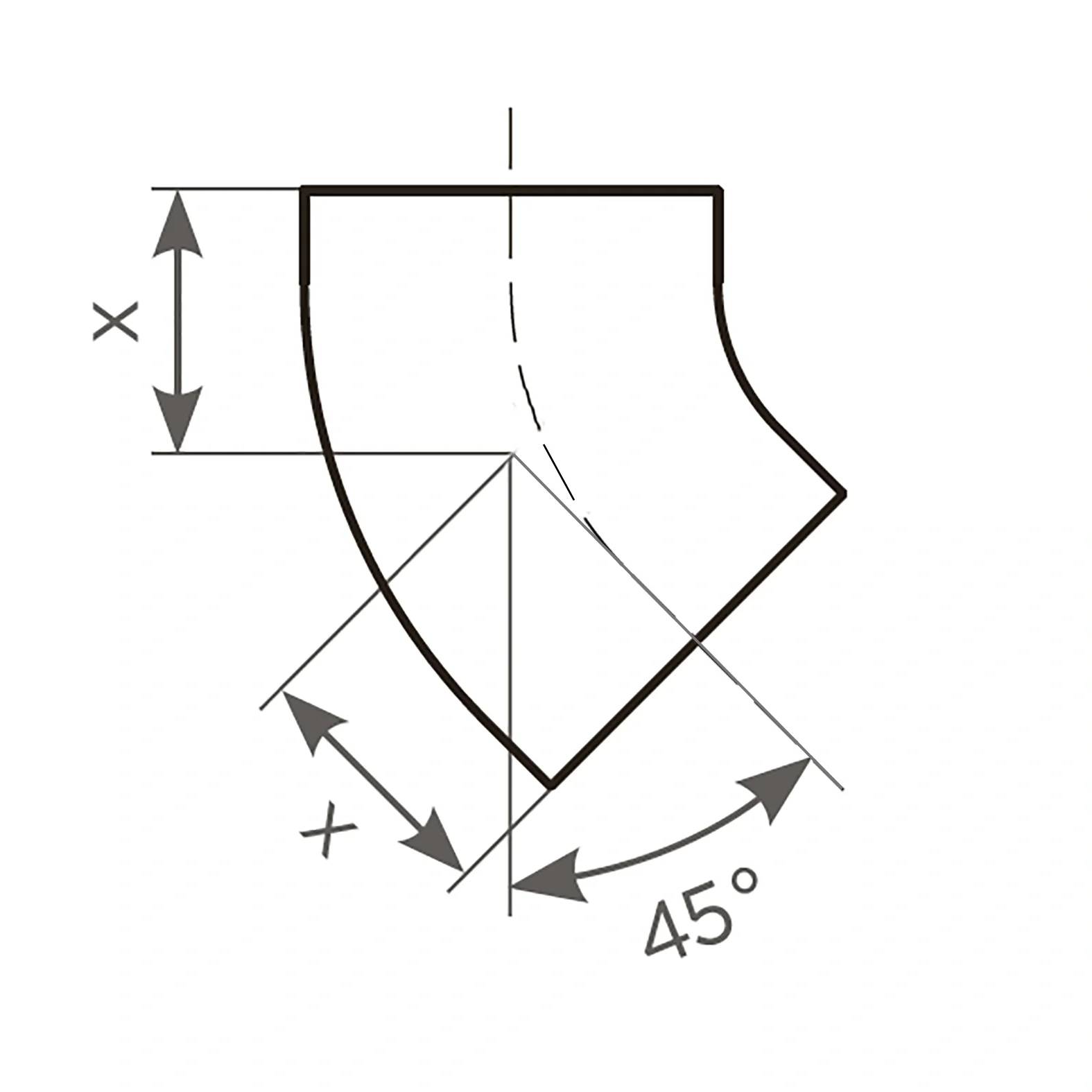 Technisches Diagramm einer gekrümmten Rohrbiegung mit einer oberen Öffnung, Bemaßungspfeilen mit der Bezeichnung x und einer 45°-Winkelmarkierung zur Anzeige der Biegungsmessungen.