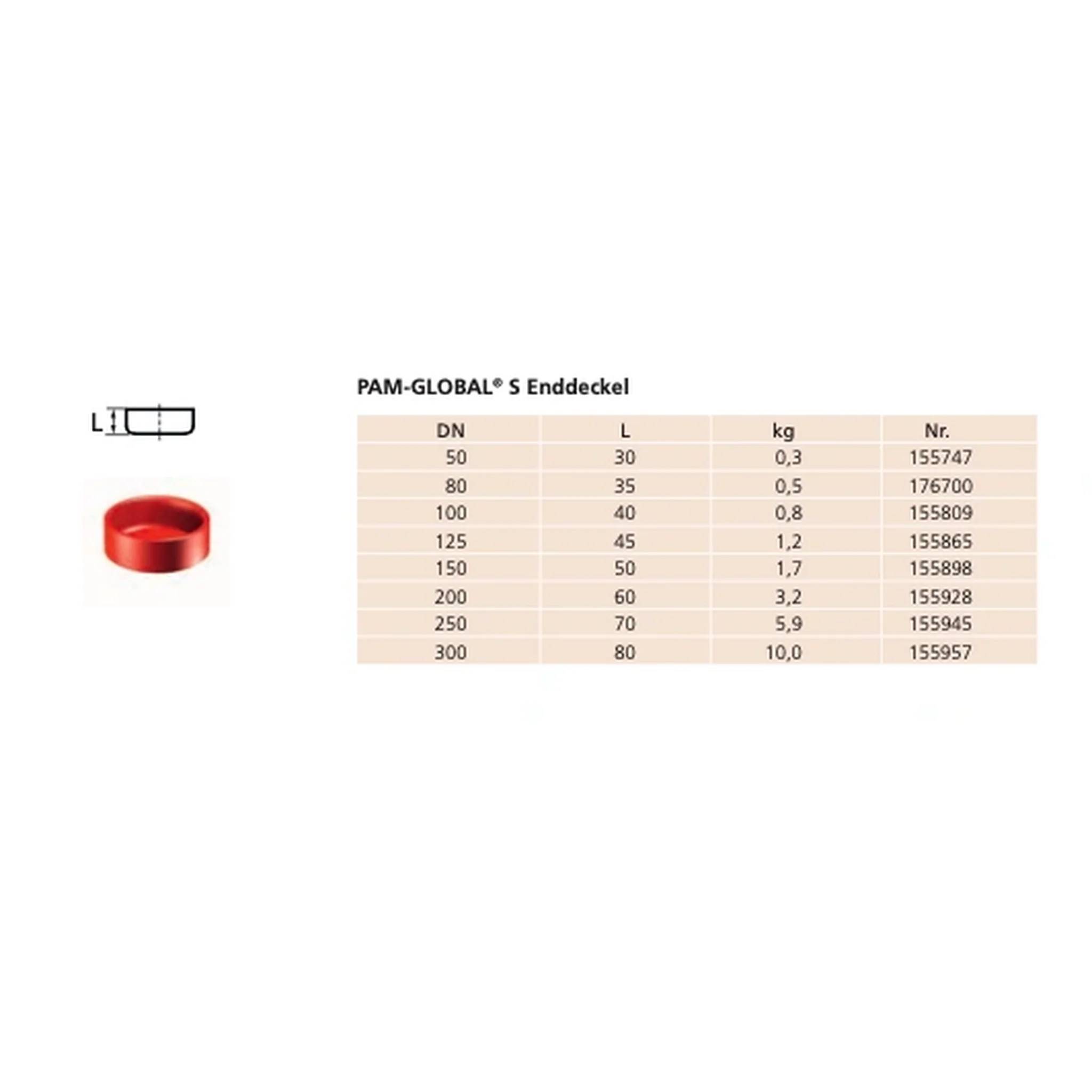 Produktbild und Größentabelle für PAM-GLOBAL S Endkappe, zeigt DN 50-300 mit Längen, Gewichten und Artikelnummern.