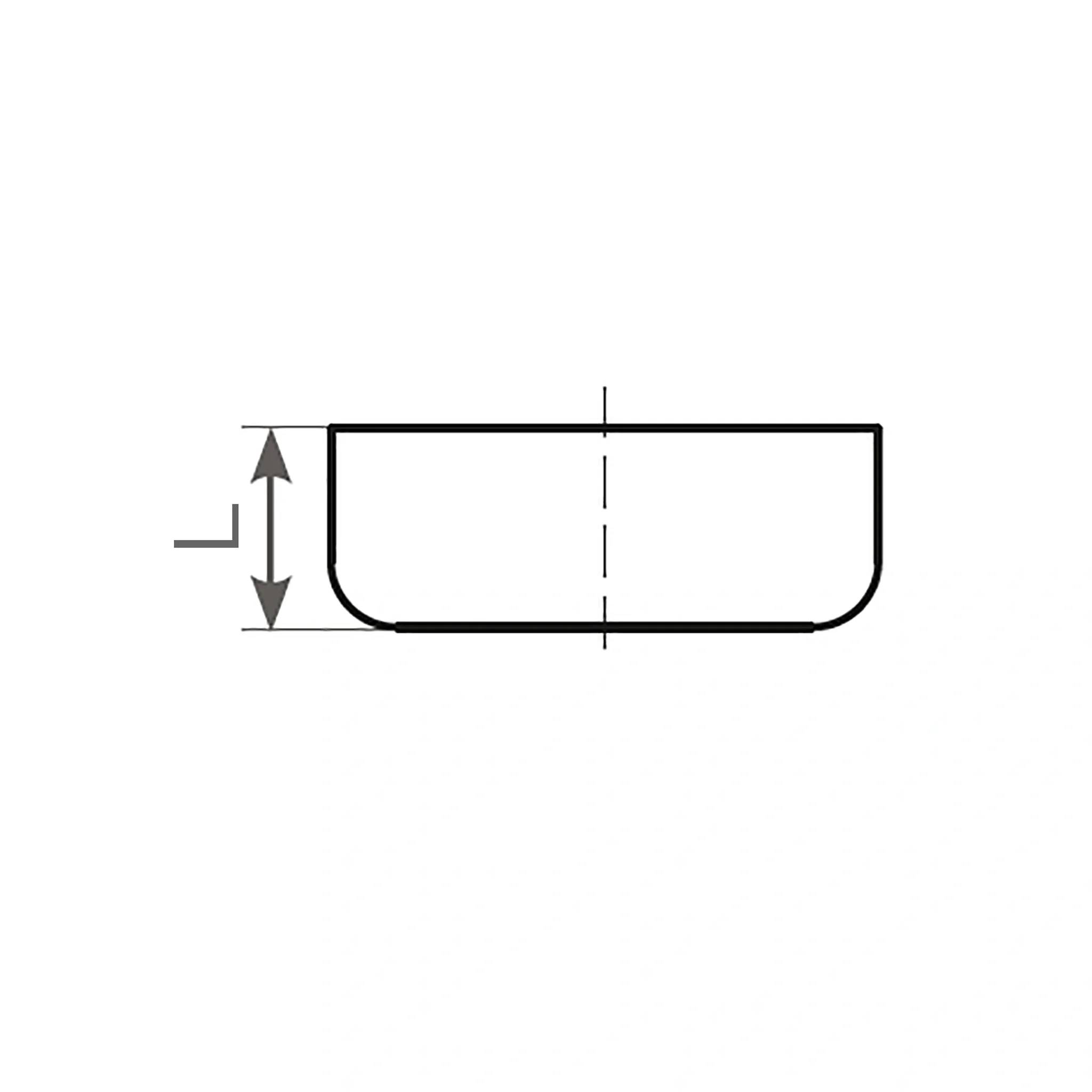 Technisches Diagramm eines flachen rechteckigen Behälters mit abgerundeten unteren Ecken, das eine vertikale Höhenmessung auf der linken Seite und eine Mittellinie zeigt.