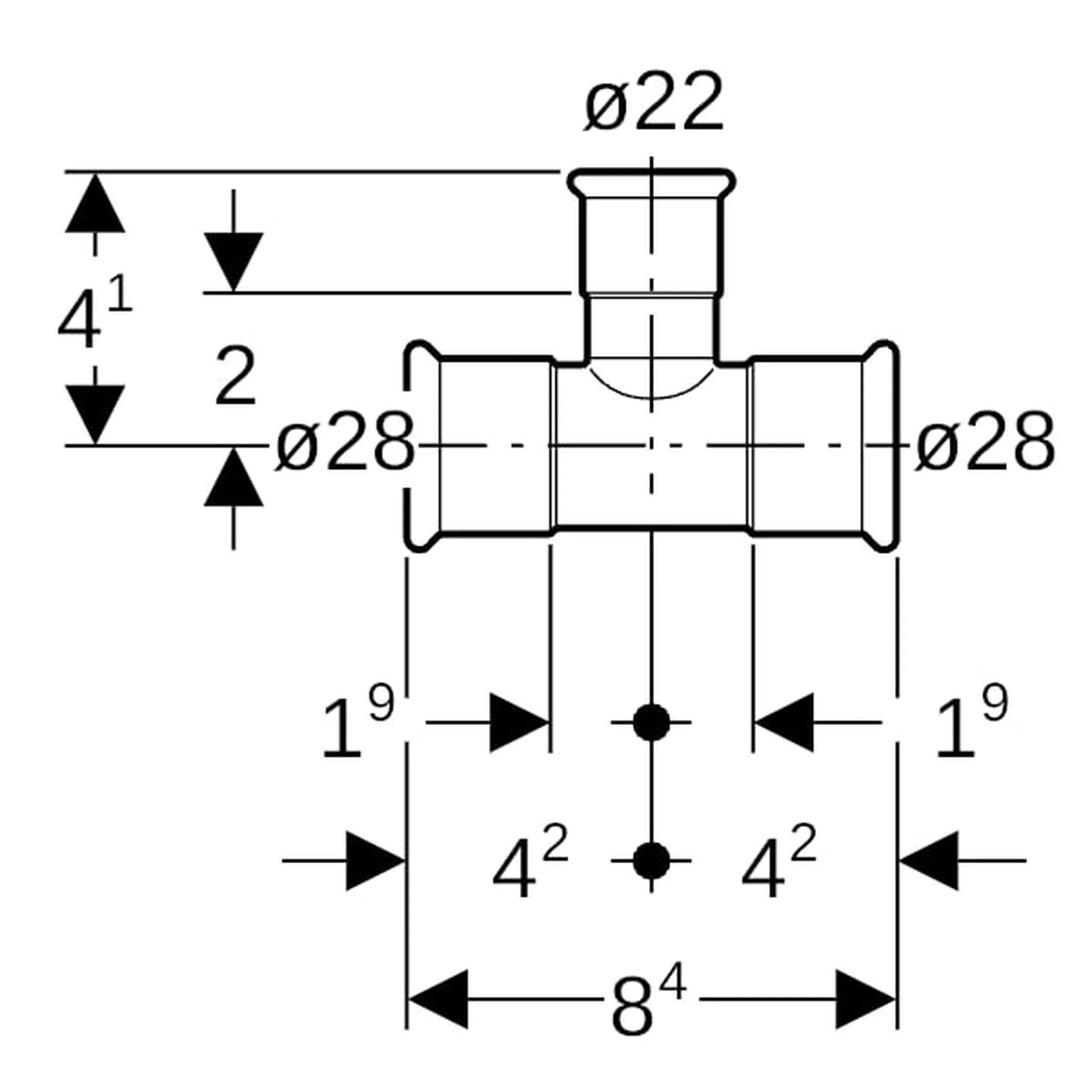 Geberit GE Mapress Kupfer, T-Stück, reduzierter Abgang, d28 x 22 x 28 mm, 1 Stk.
