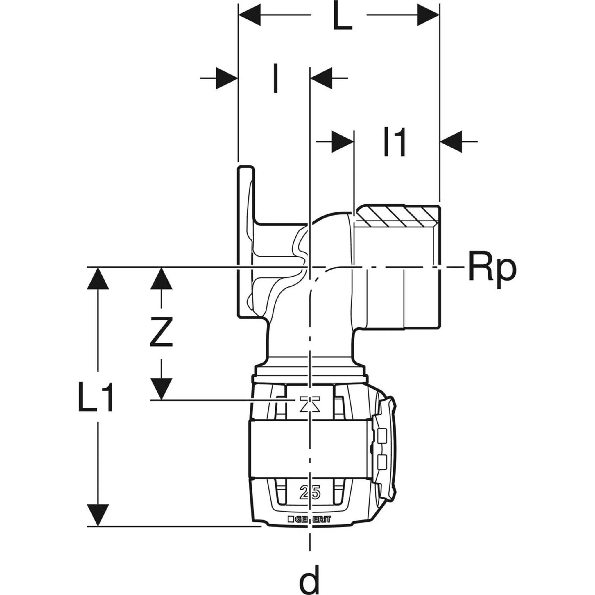 Geberit GE FlowFit, Anschlusswinkel, RG+, d16mm x Rp1/2, L 3,6cm, 1 Stk.